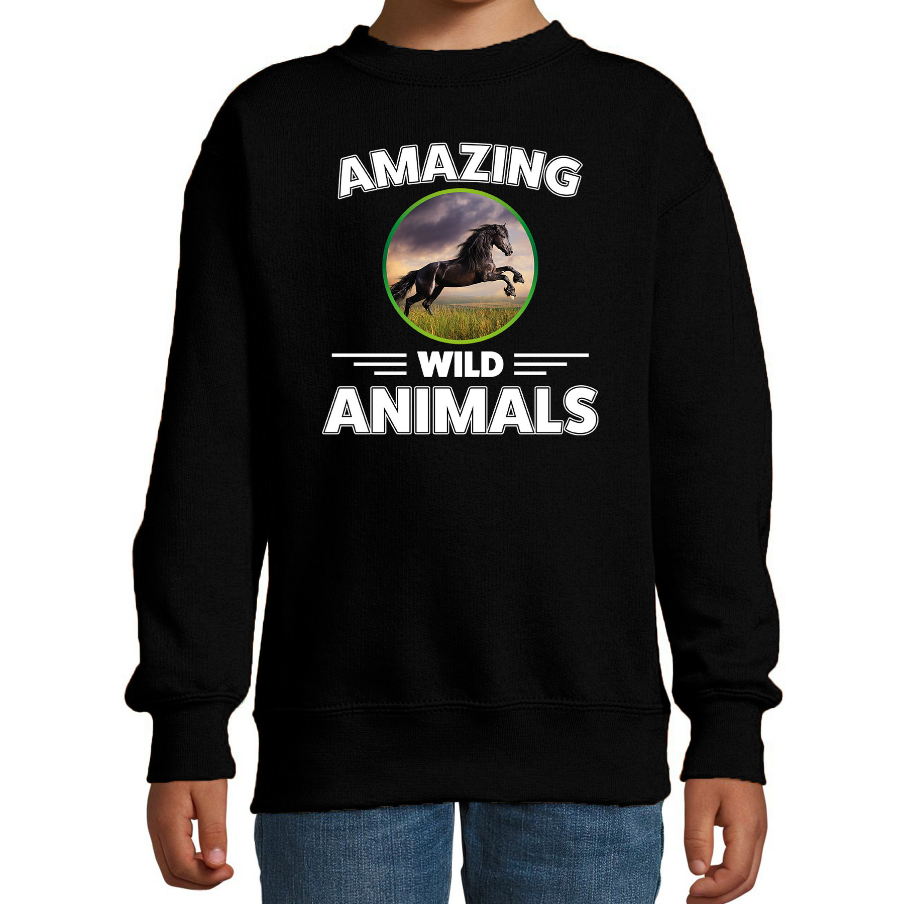 Sweater paarden amazing wild animals-dieren trui zwart voor kinderen