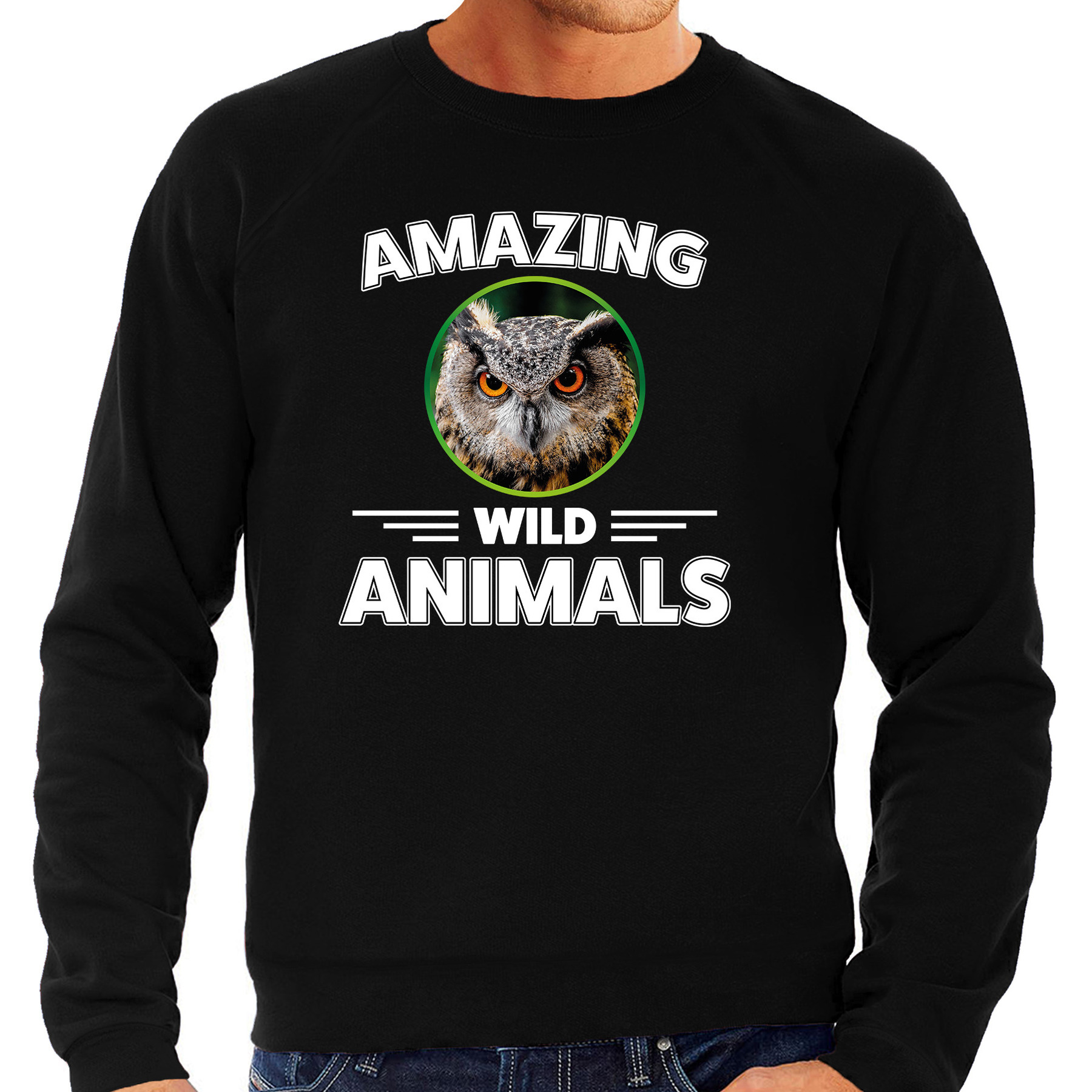 Sweater uilen amazing wild animals-dieren trui zwart voor heren