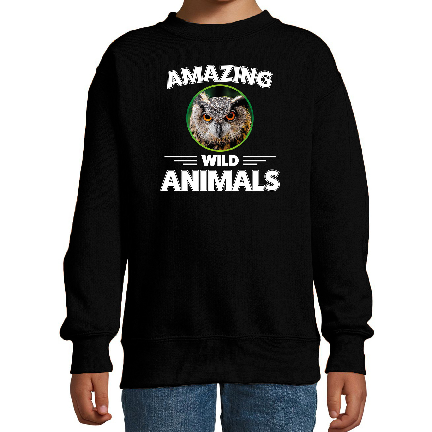 Sweater uilen amazing wild animals-dieren trui zwart voor kinderen