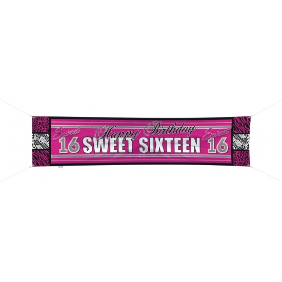 Sweet 16 verjaardag thema spandoek roze-zwart 180 x 40cm 16e verjaardag versiering