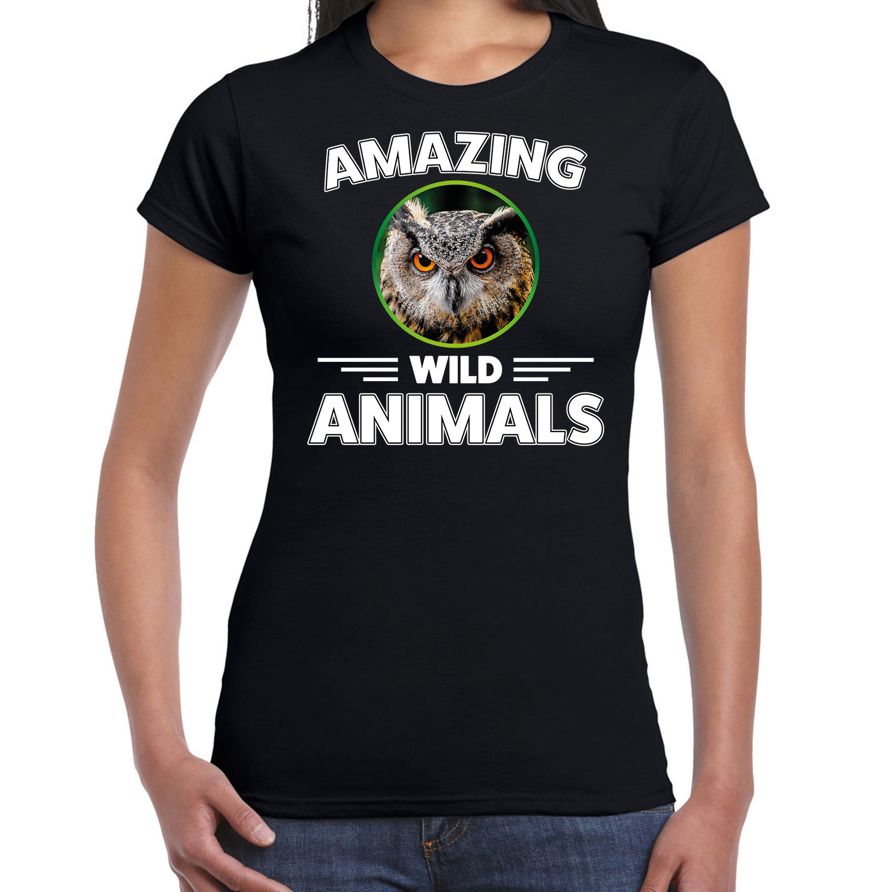 T-shirt uilen amazing wild animals-dieren zwart voor dames