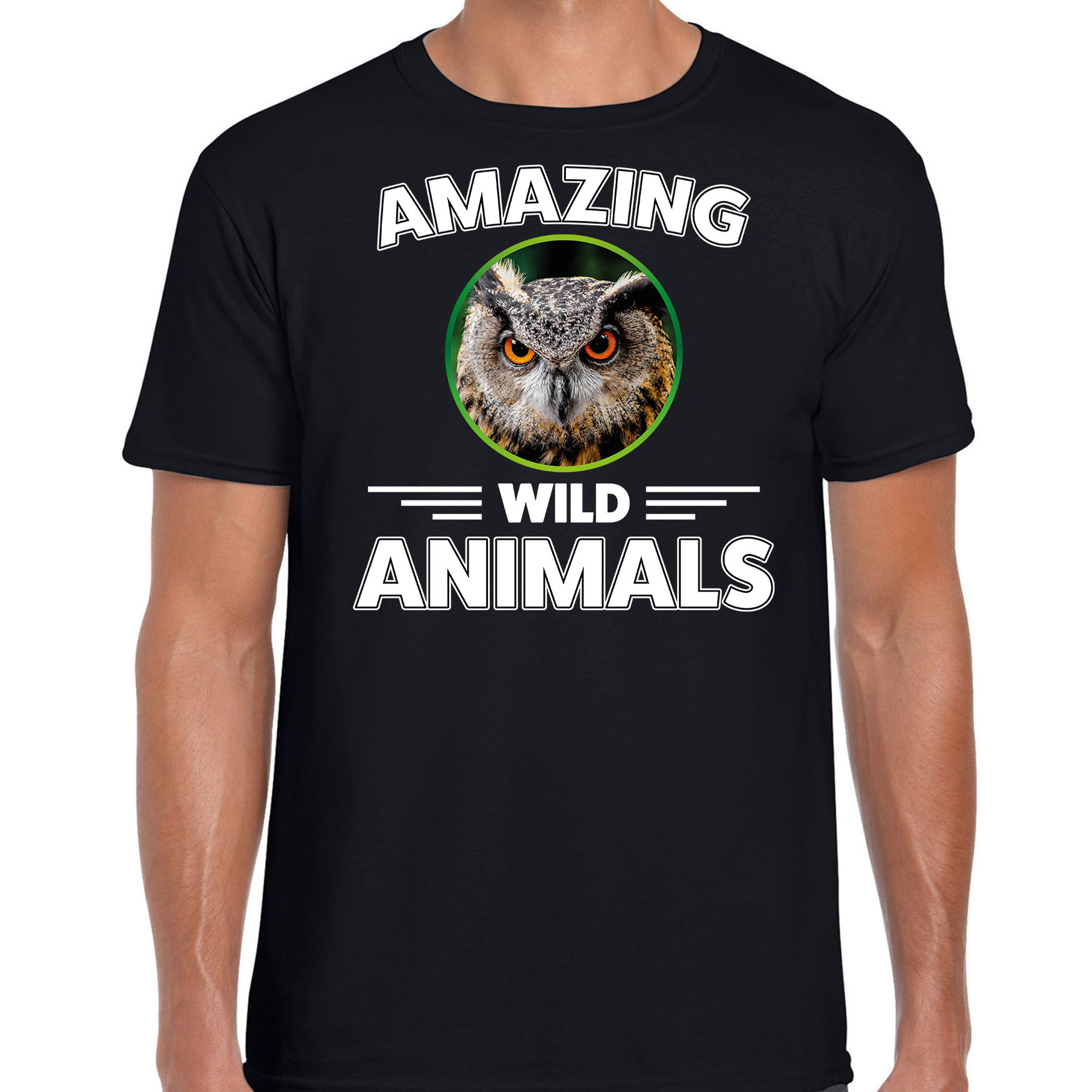 T-shirt uilen amazing wild animals-dieren zwart voor heren