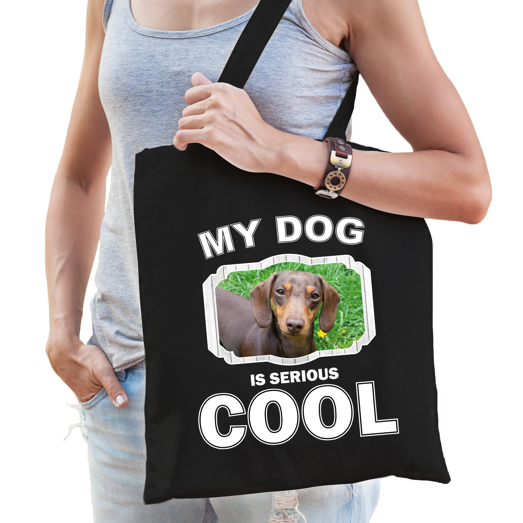 Teckel honden tasje zwart volwassenen en kinderen my dog serious is cool kado boodschappentasje