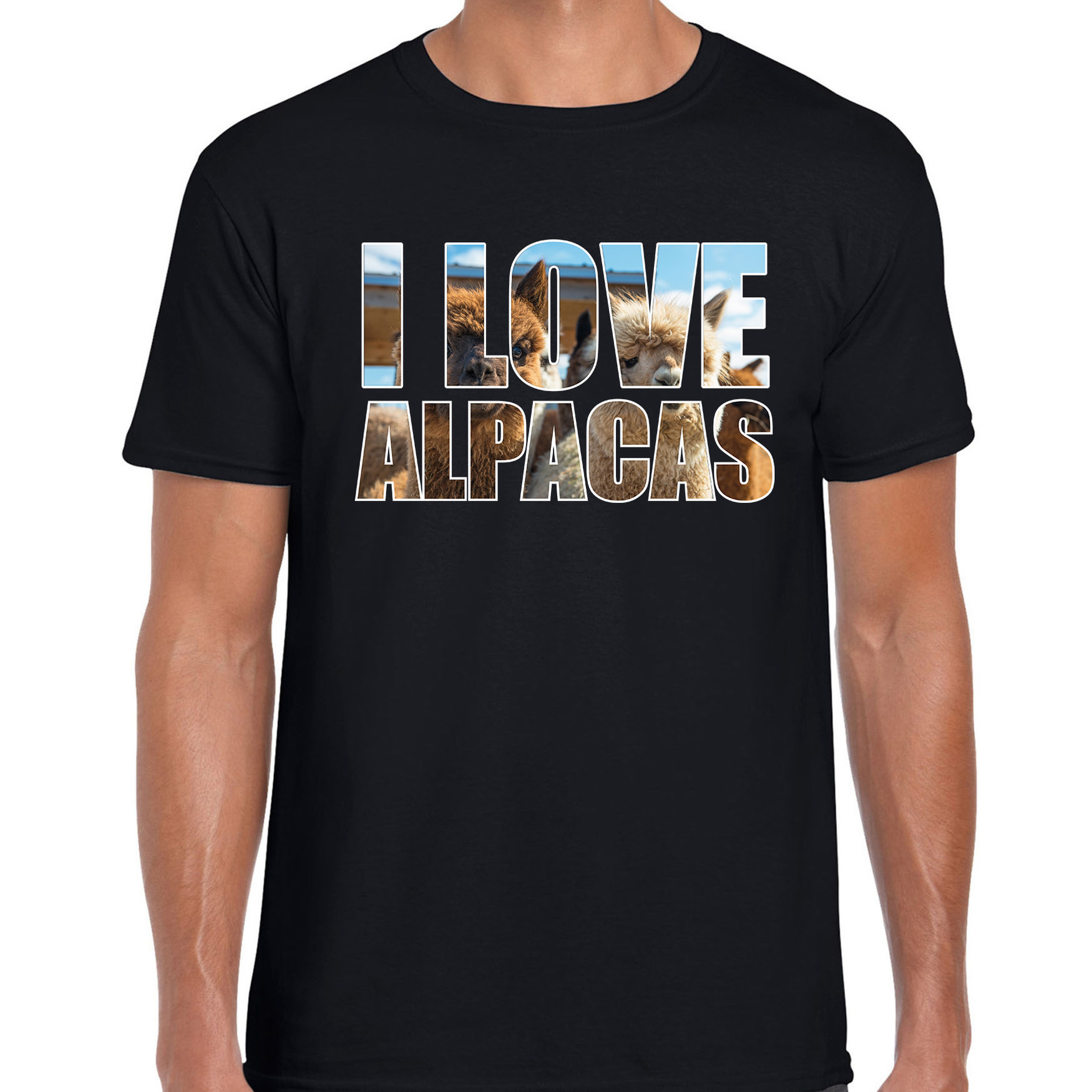 Tekst t-shirt I love alpacas met dieren foto van een alpaca zwart voor heren