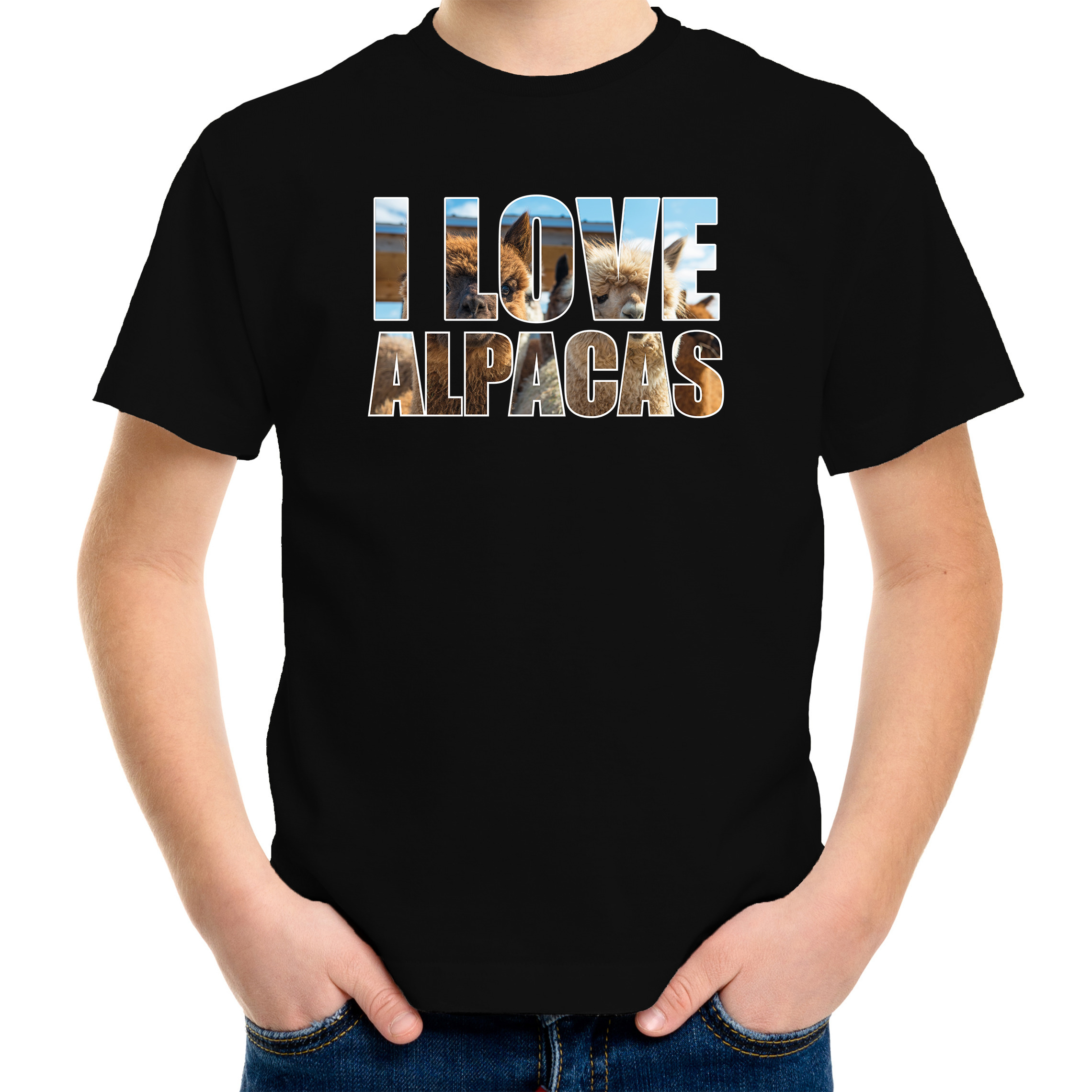 Tekst t-shirt I love alpacas met dieren foto van een alpaca zwart voor kinderen