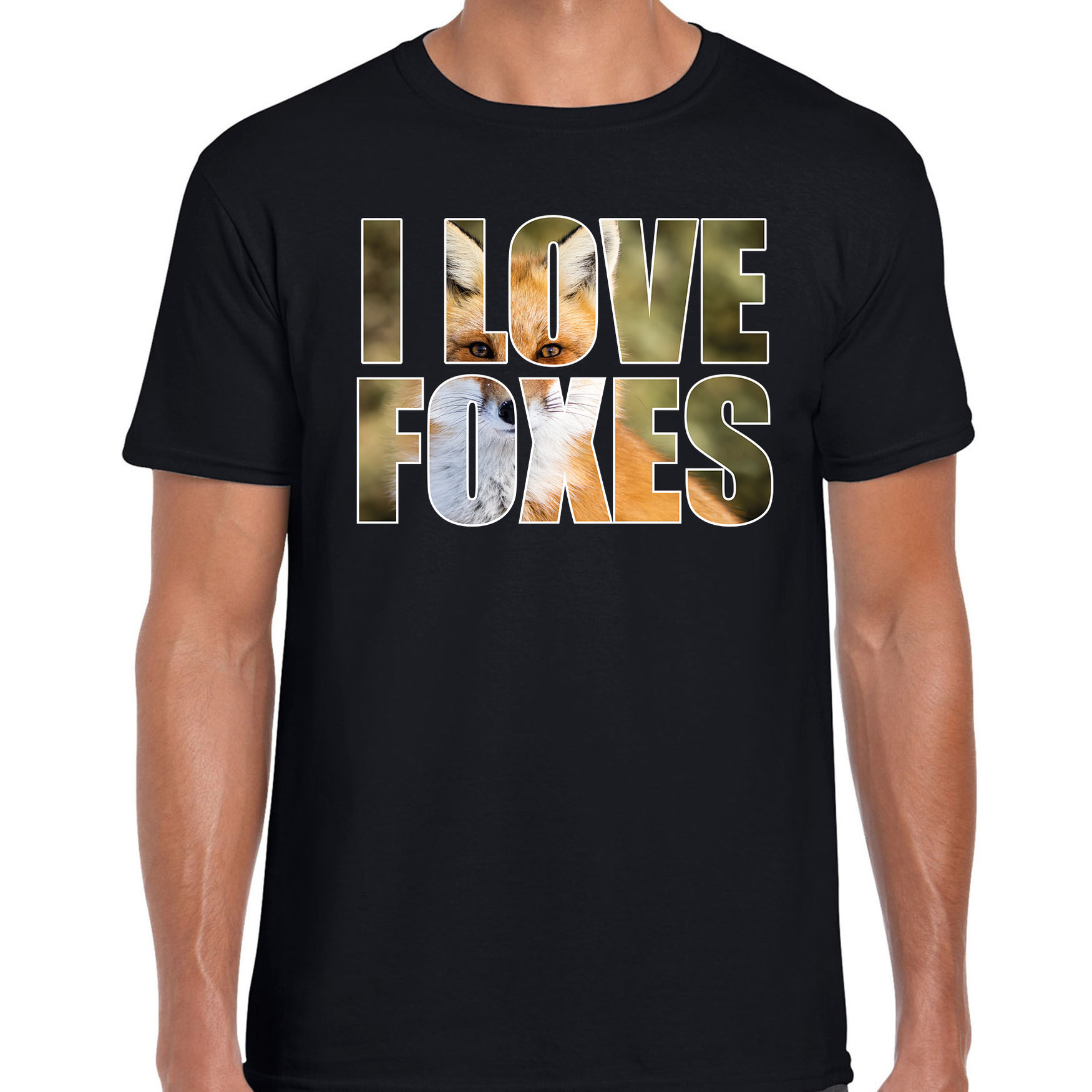 Tekst t-shirt I love foxes met dieren foto van een vos zwart voor heren