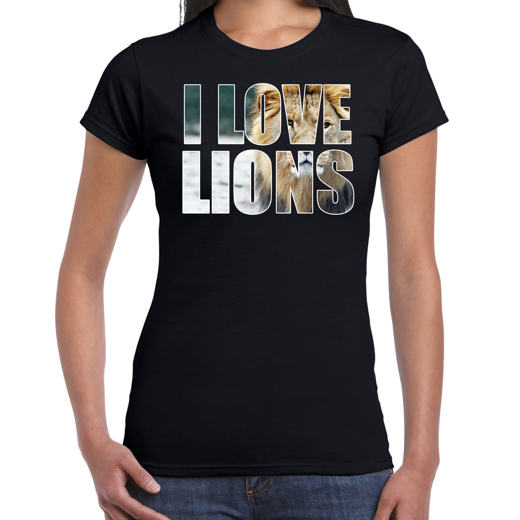 Tekst t-shirt I love lions met dieren foto van een leeuw zwart voor dames