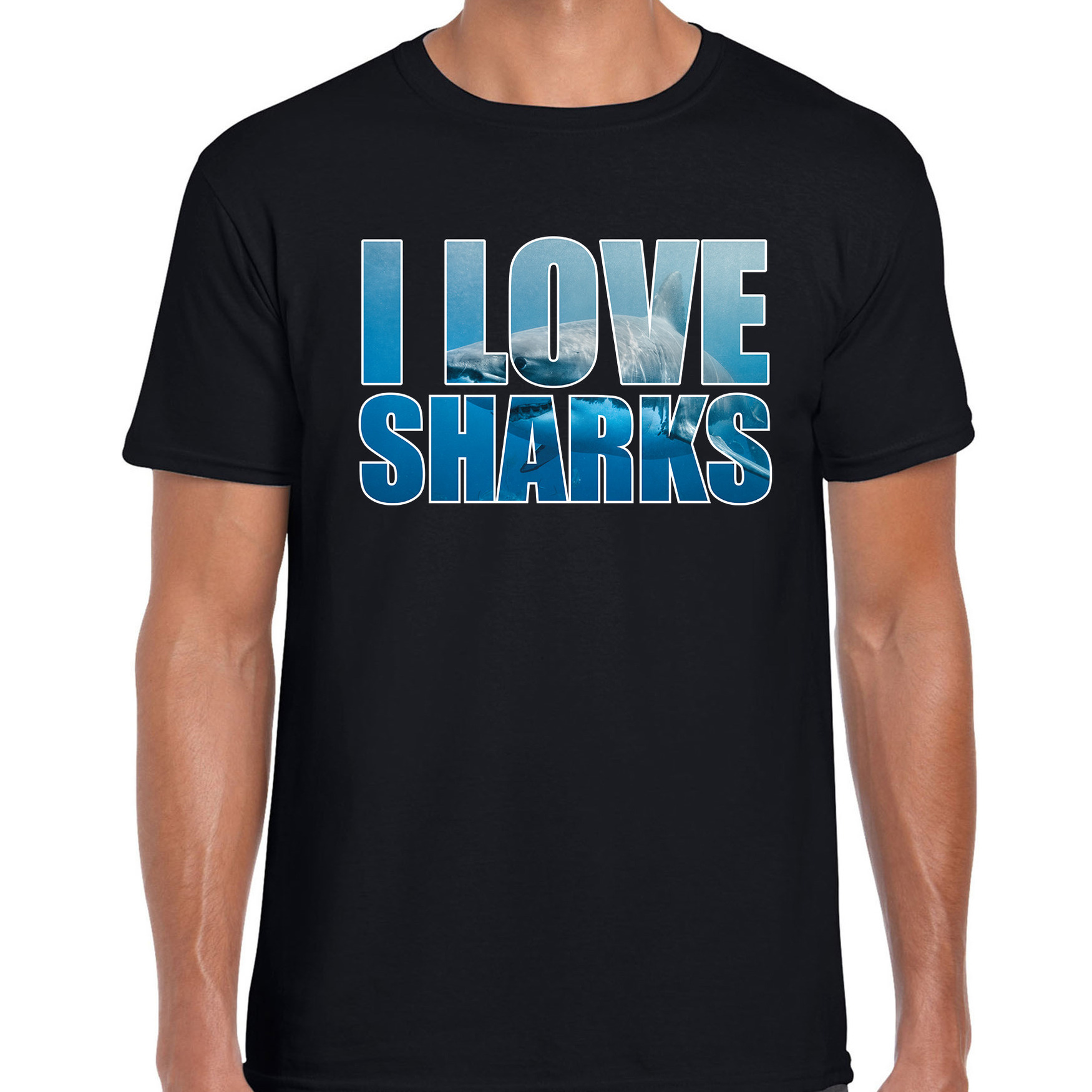 Tekst t-shirt I love sharks met dieren foto van een haai zwart voor heren