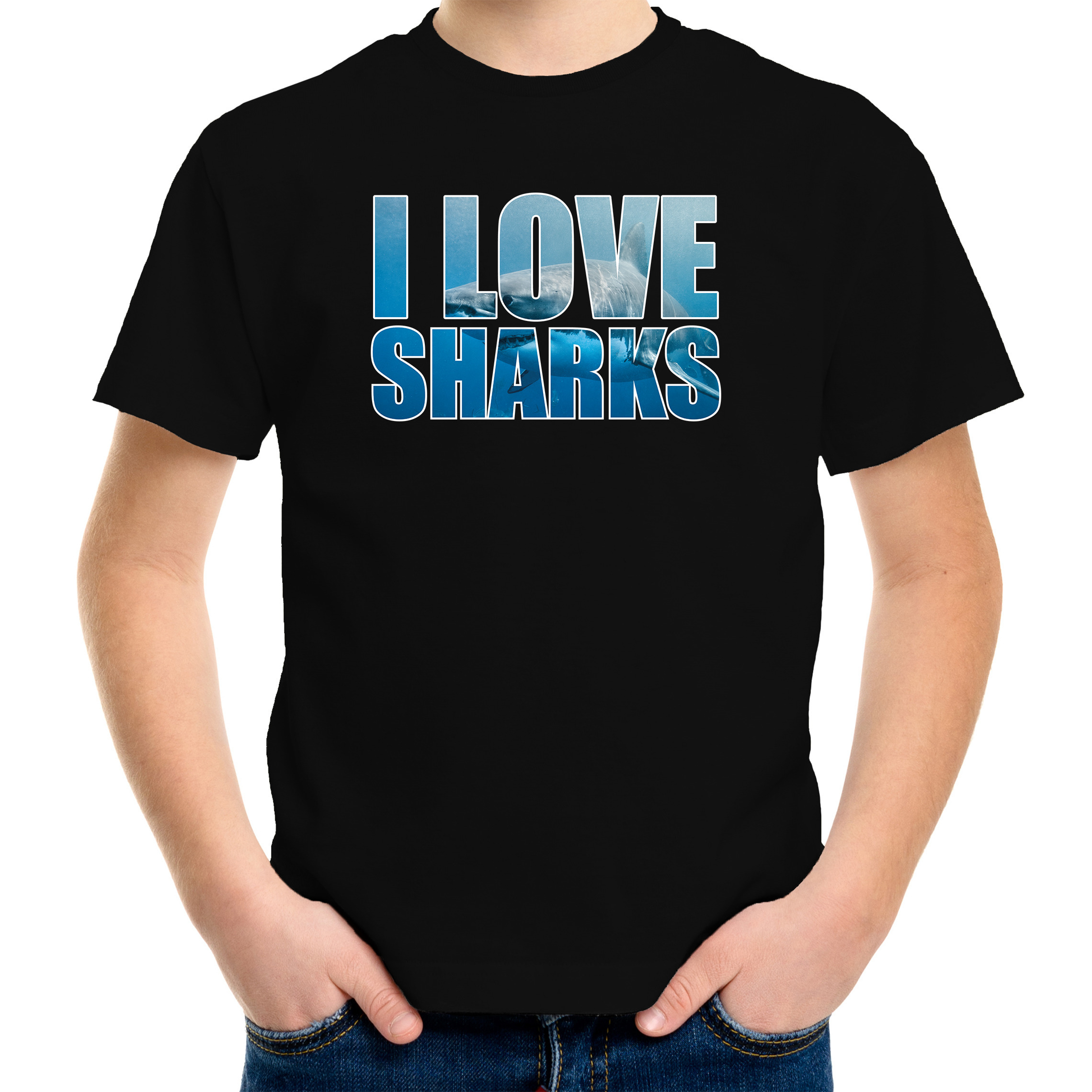 Tekst t-shirt I love sharks met dieren foto van een haai zwart voor kinderen