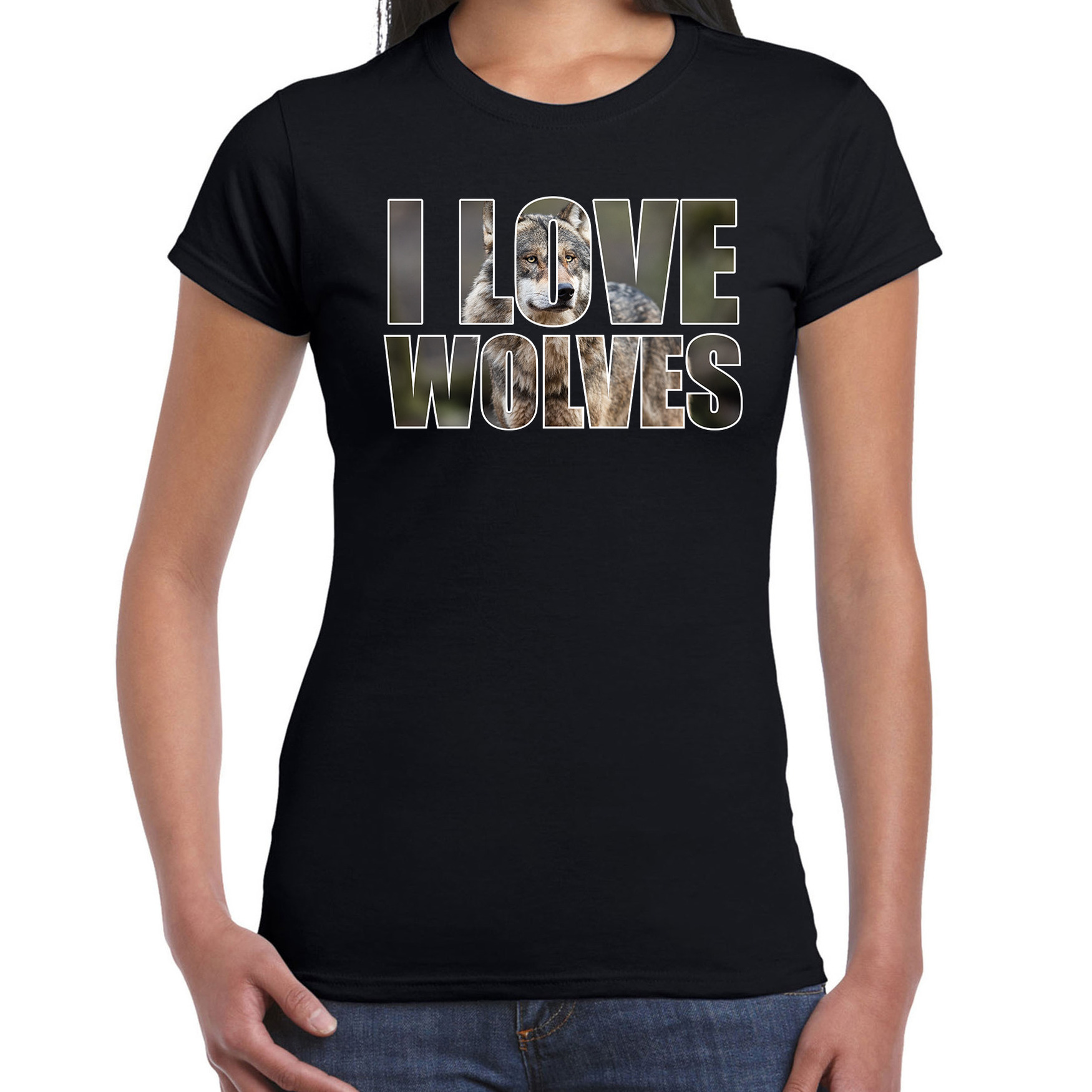 Tekst t-shirt I love wolves met dieren foto van een wolf zwart voor dames