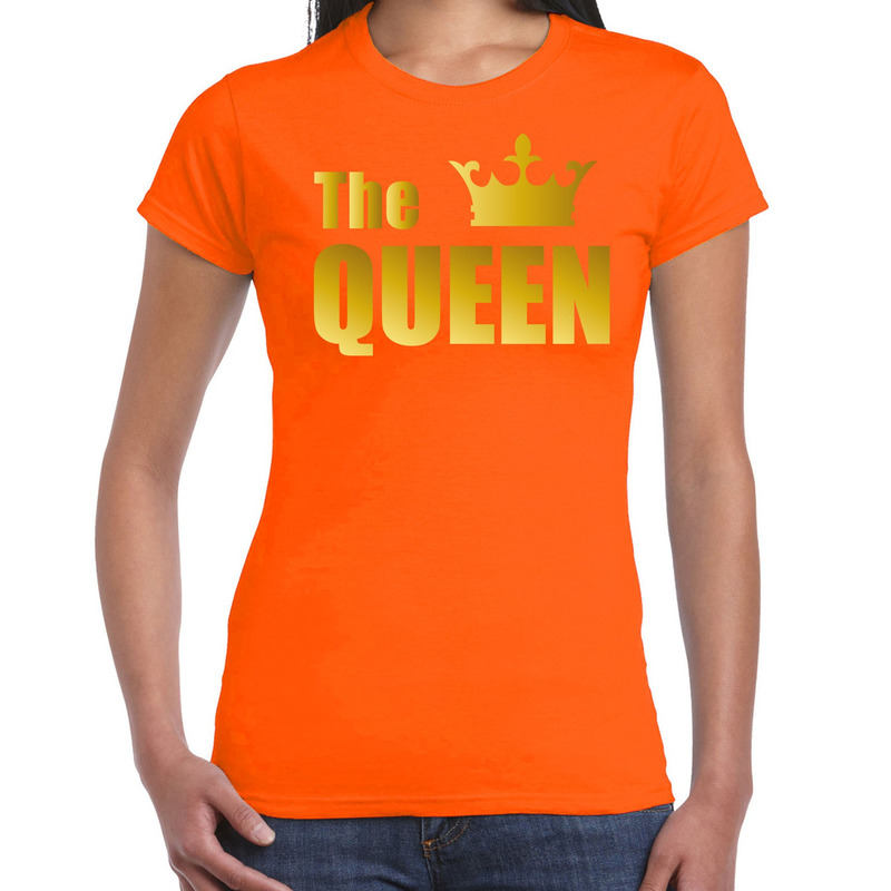 The queen t-shirt oranje met gouden letters en kroon voor dames