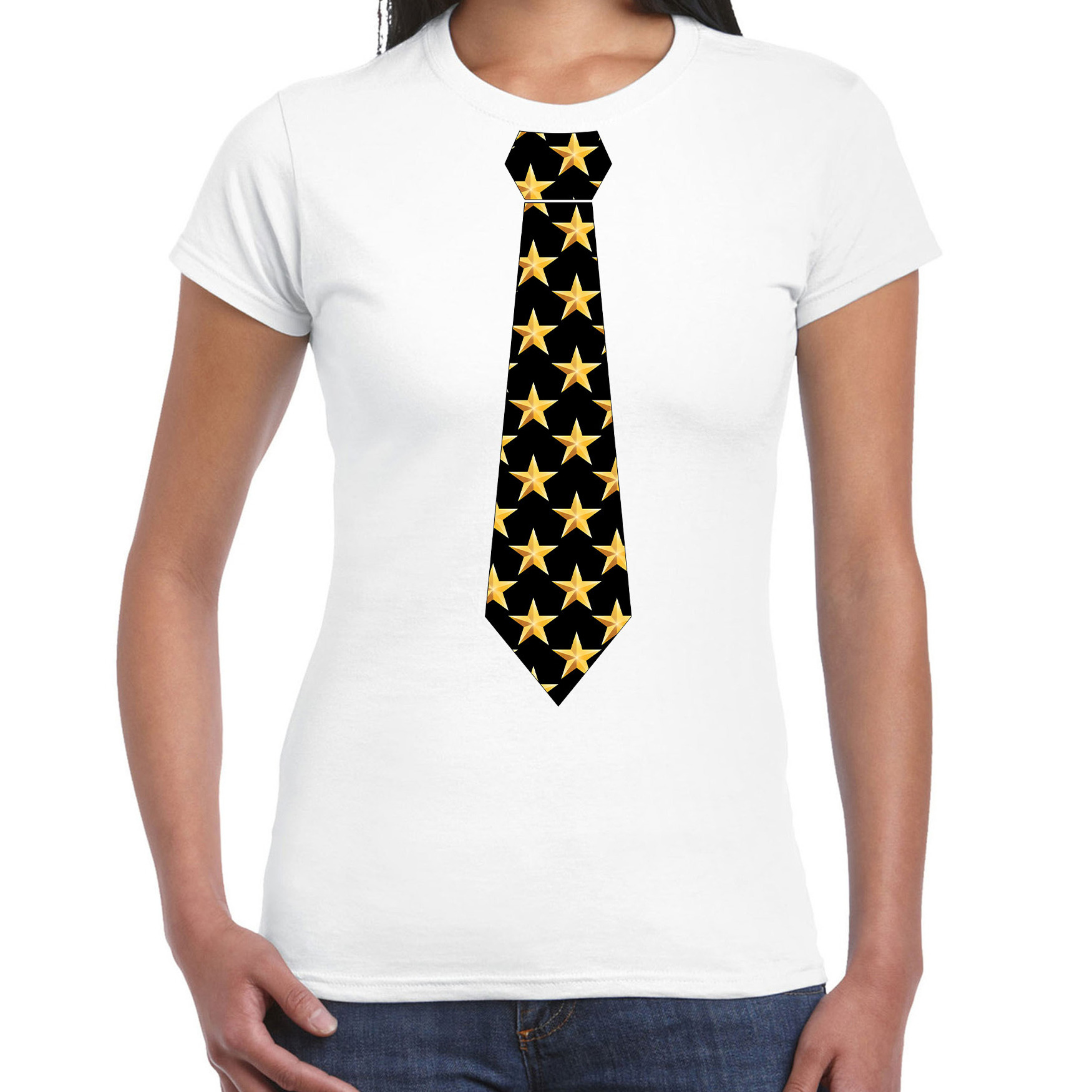 Thema-verkleed feest stropdas t-shirt sterretjes voor dames wit