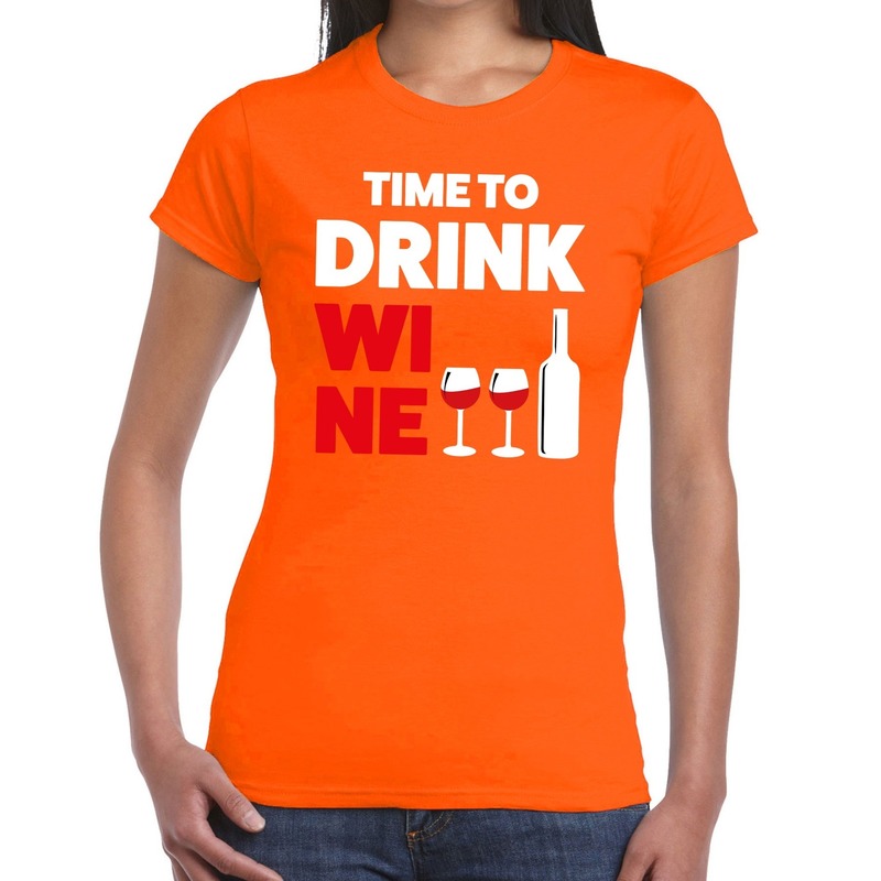 Time to Drink Wine tekst t-shirt oranje dames