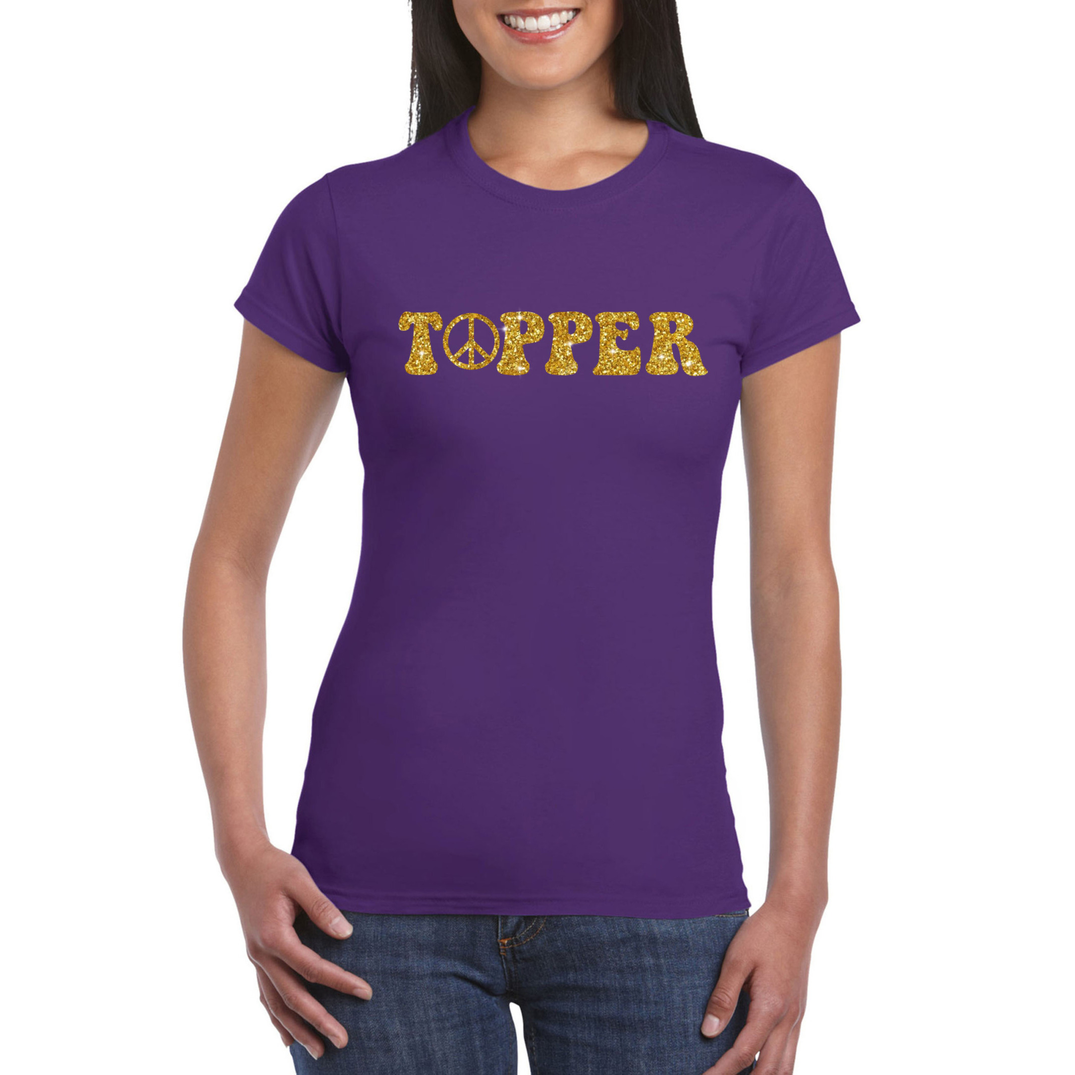 Toppers Paars Flower Power t-shirt Topper met gouden letters dames