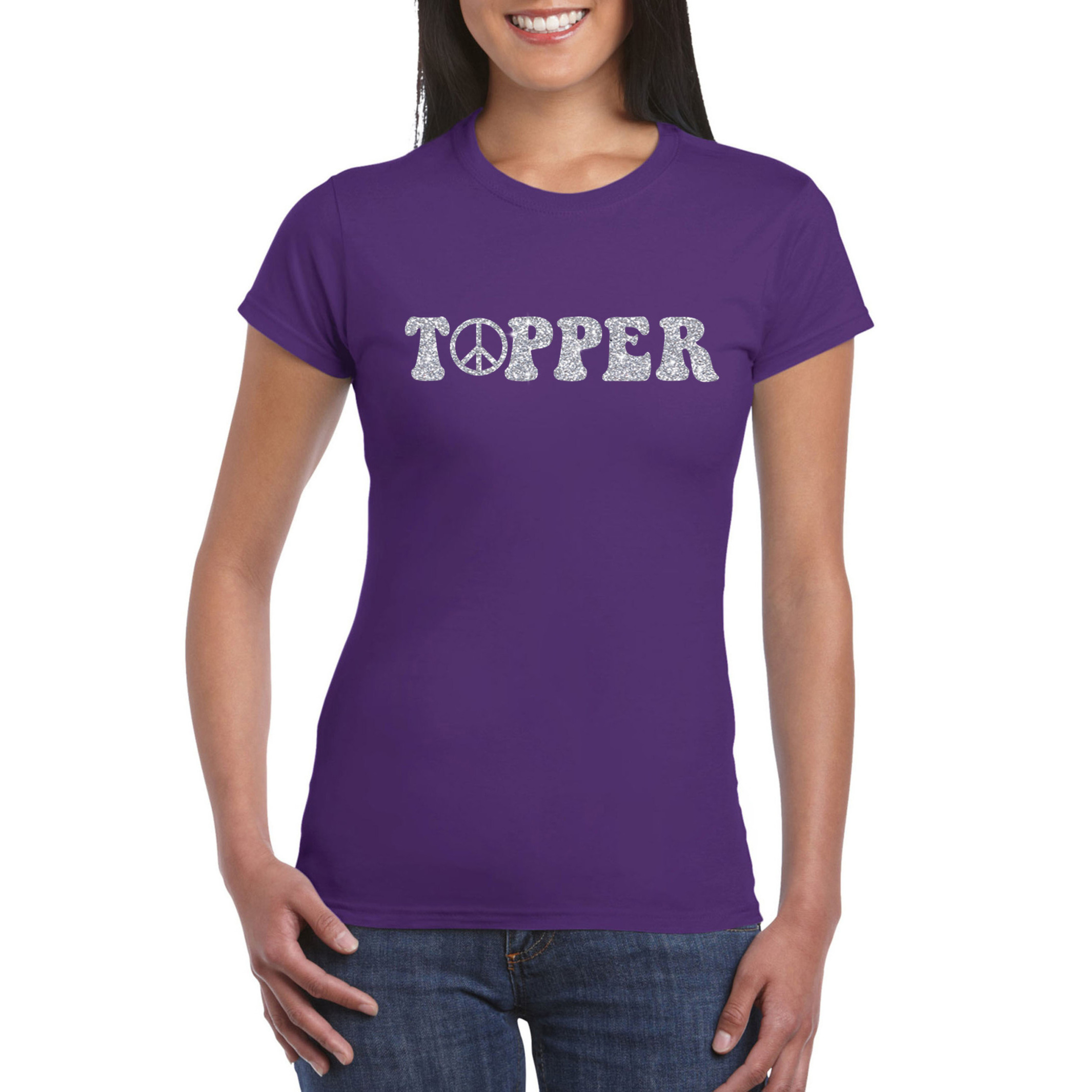 Toppers Paars Flower Power t-shirt Topper met zilveren letters dames
