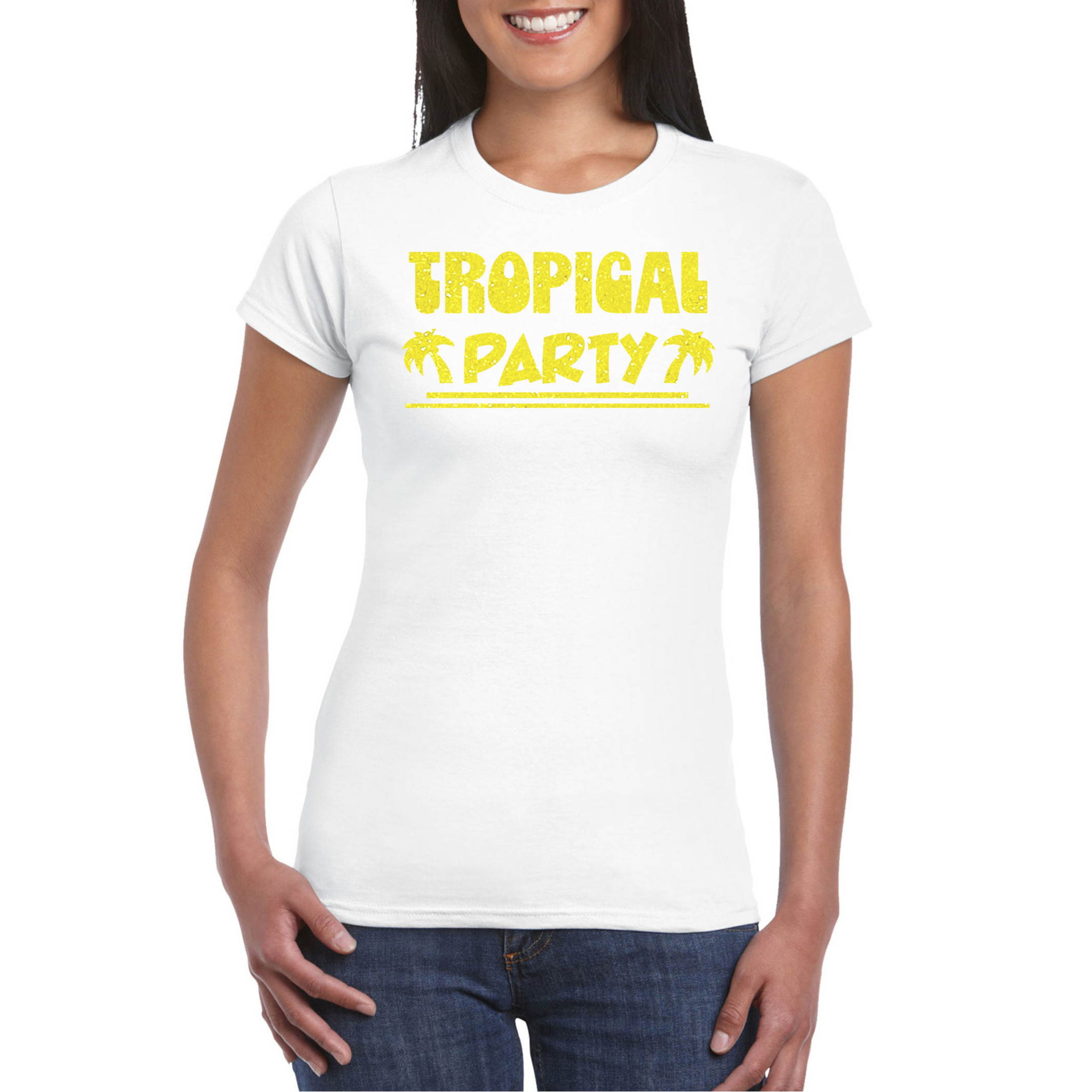 Toppers Tropical party T-shirt voor dames met glitters wit-geel carnaval-themafeest