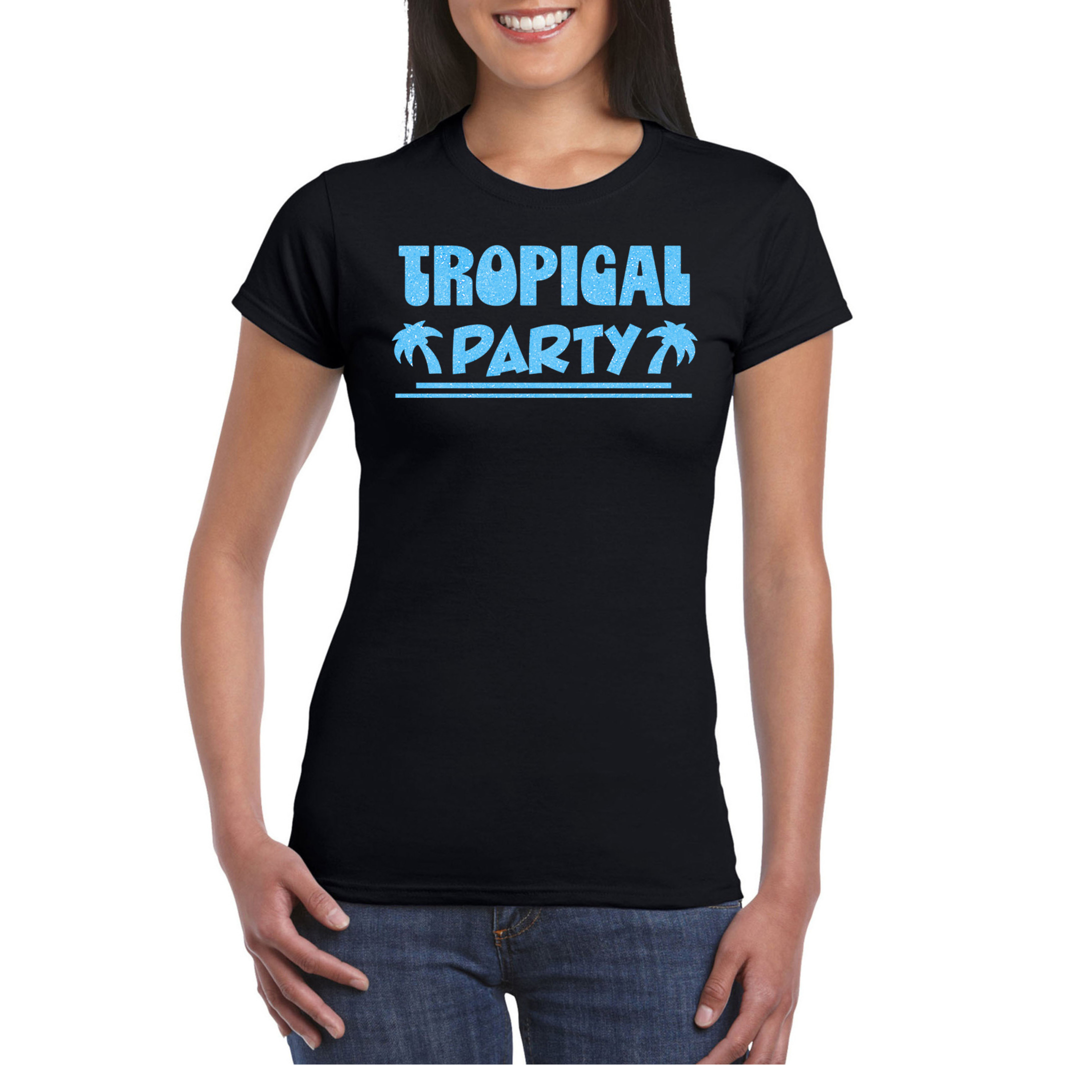 Toppers Tropical party T-shirt voor dames met glitters zwart-blauw carnaval-themafeest