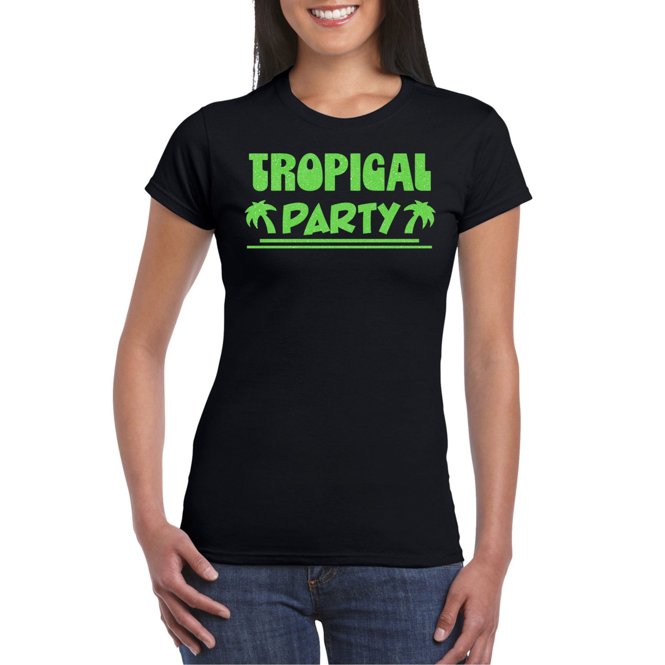 Toppers Tropical party T-shirt voor dames met glitters zwart-groen carnaval-themafeest