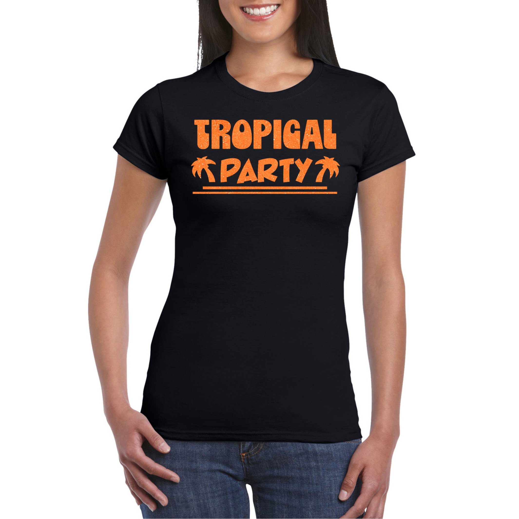 Toppers Tropical party T-shirt voor dames met glitters zwart-oranje carnaval-themafeest