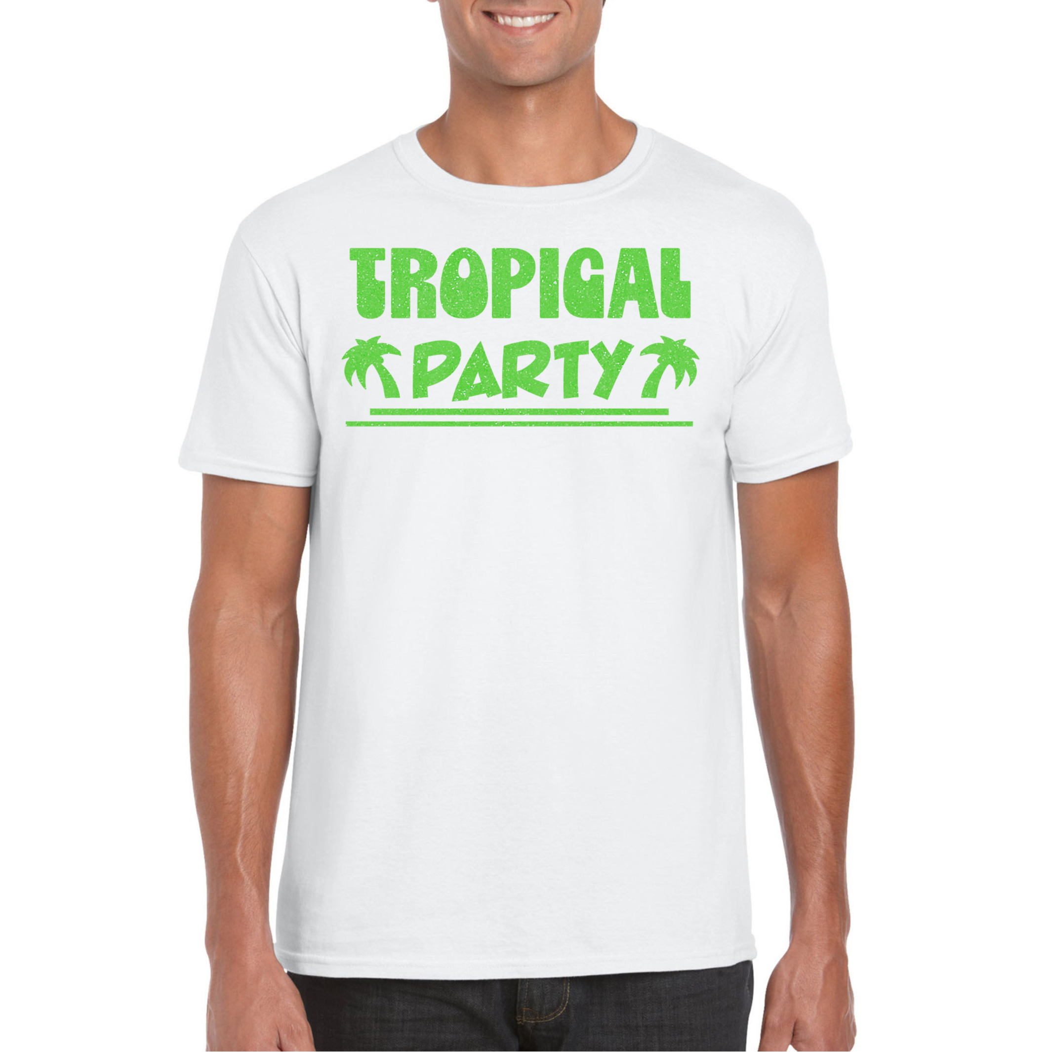 Toppers Tropical party T-shirt voor heren met glitters wit-groen carnaval-themafeest
