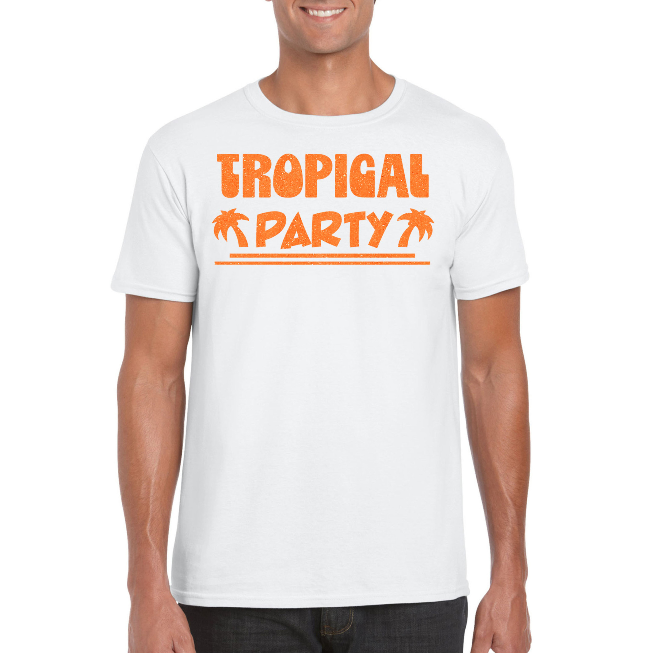 Toppers Tropical party T-shirt voor heren met glitters wit-oranje carnaval-themafeest