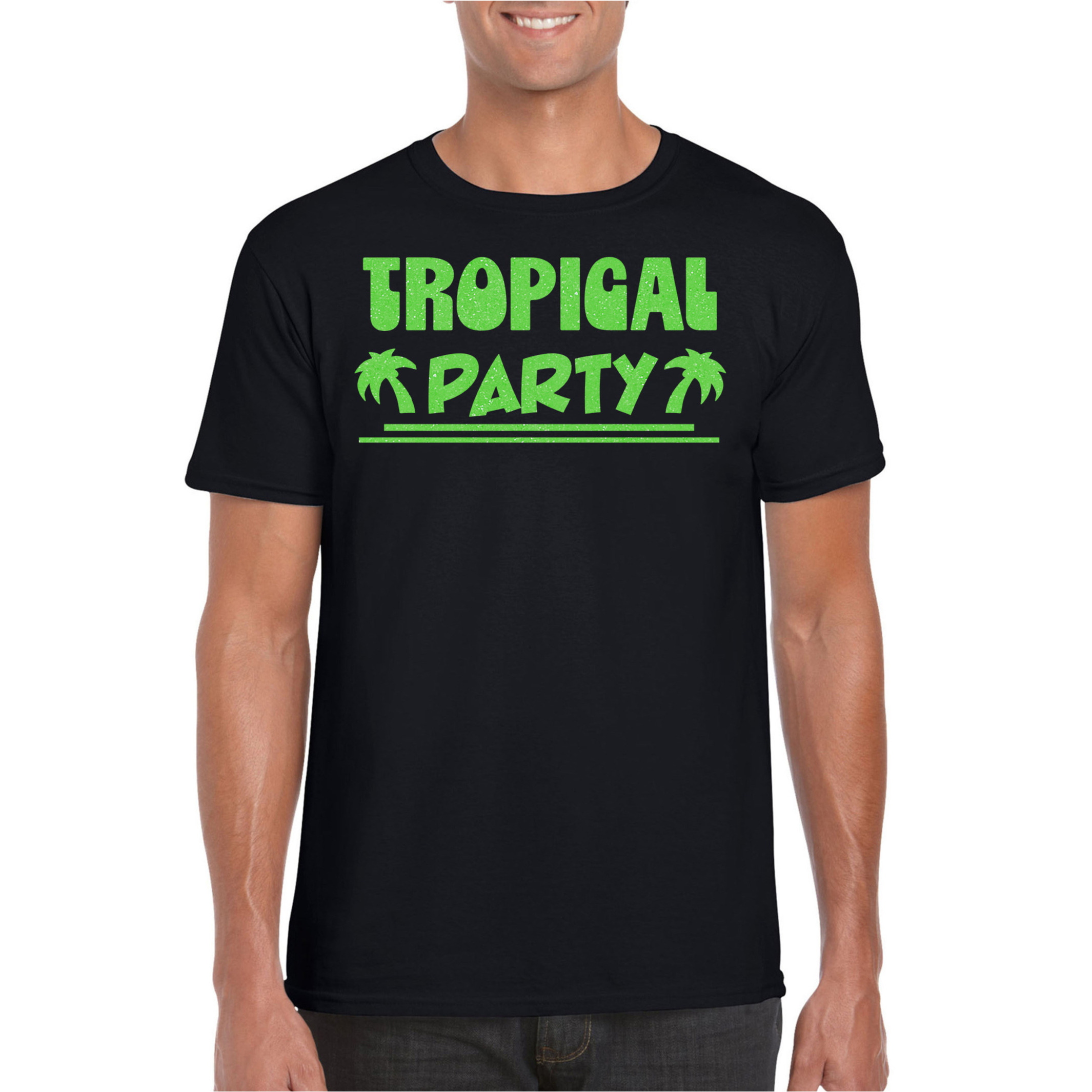 Toppers Tropical party T-shirt voor heren met glitters zwart-groen carnaval-themafeest