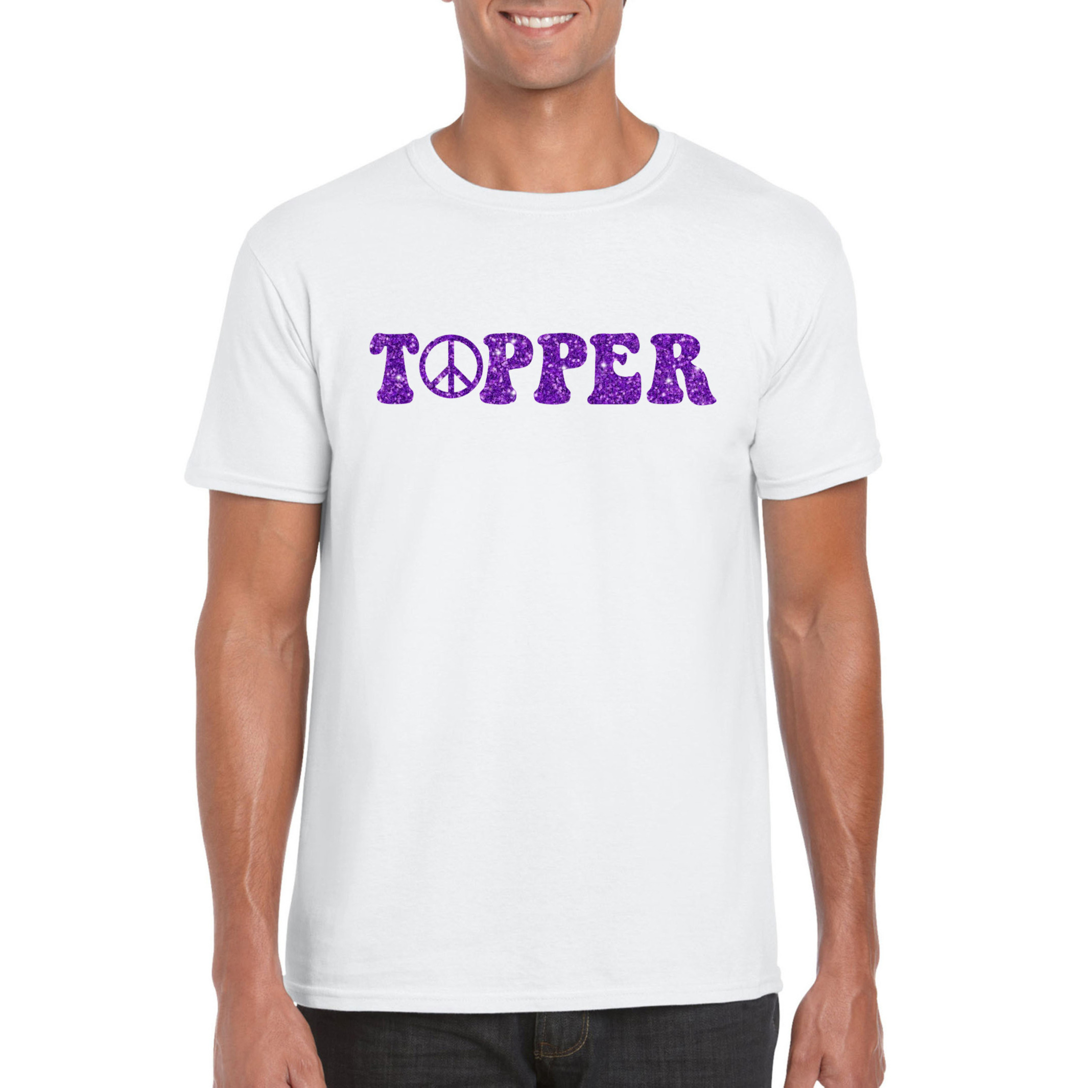 Toppers Wit Flower Power t-shirt Topper met paarse letters heren