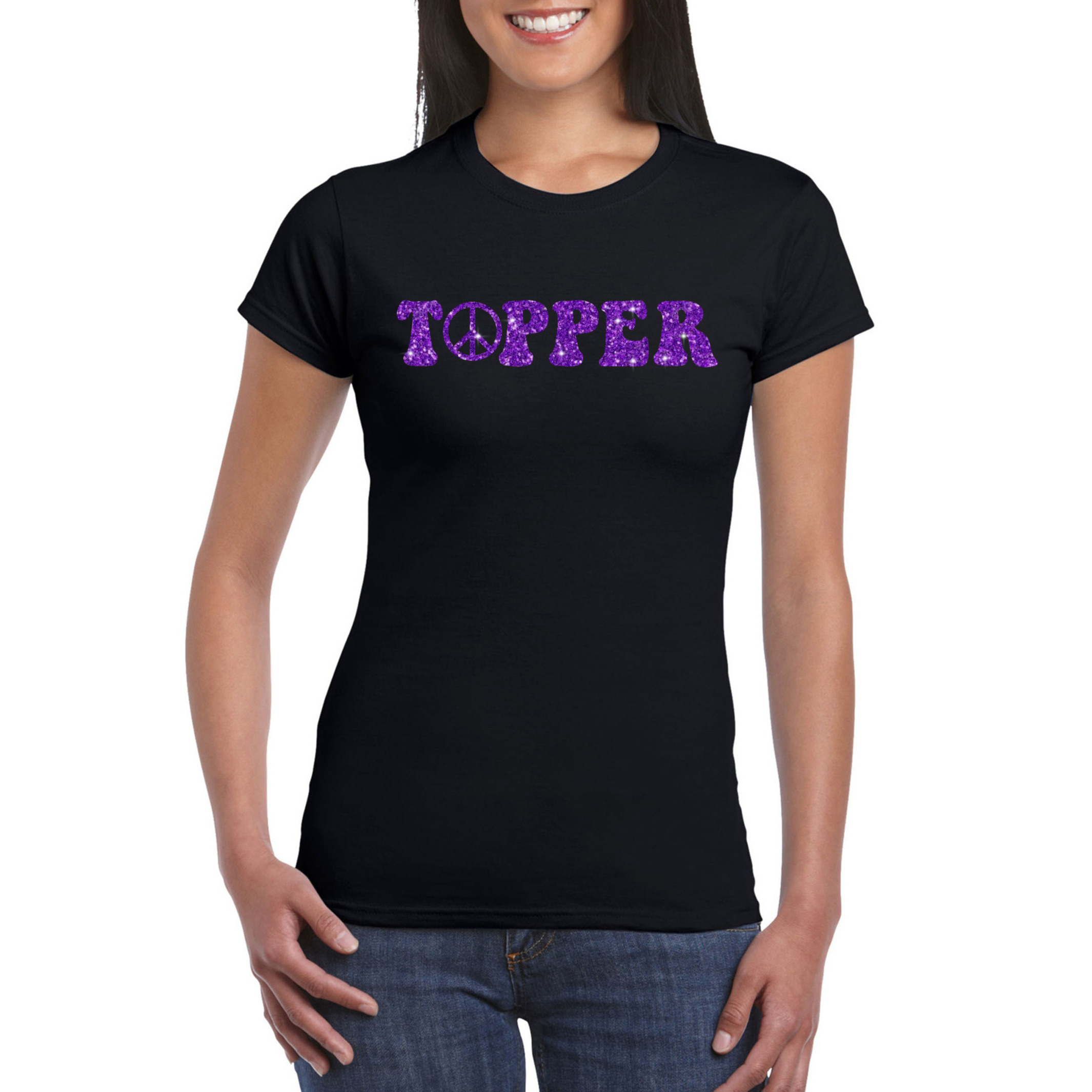 Toppers Zwart Flower Power t-shirt Topper met paarse letters dames