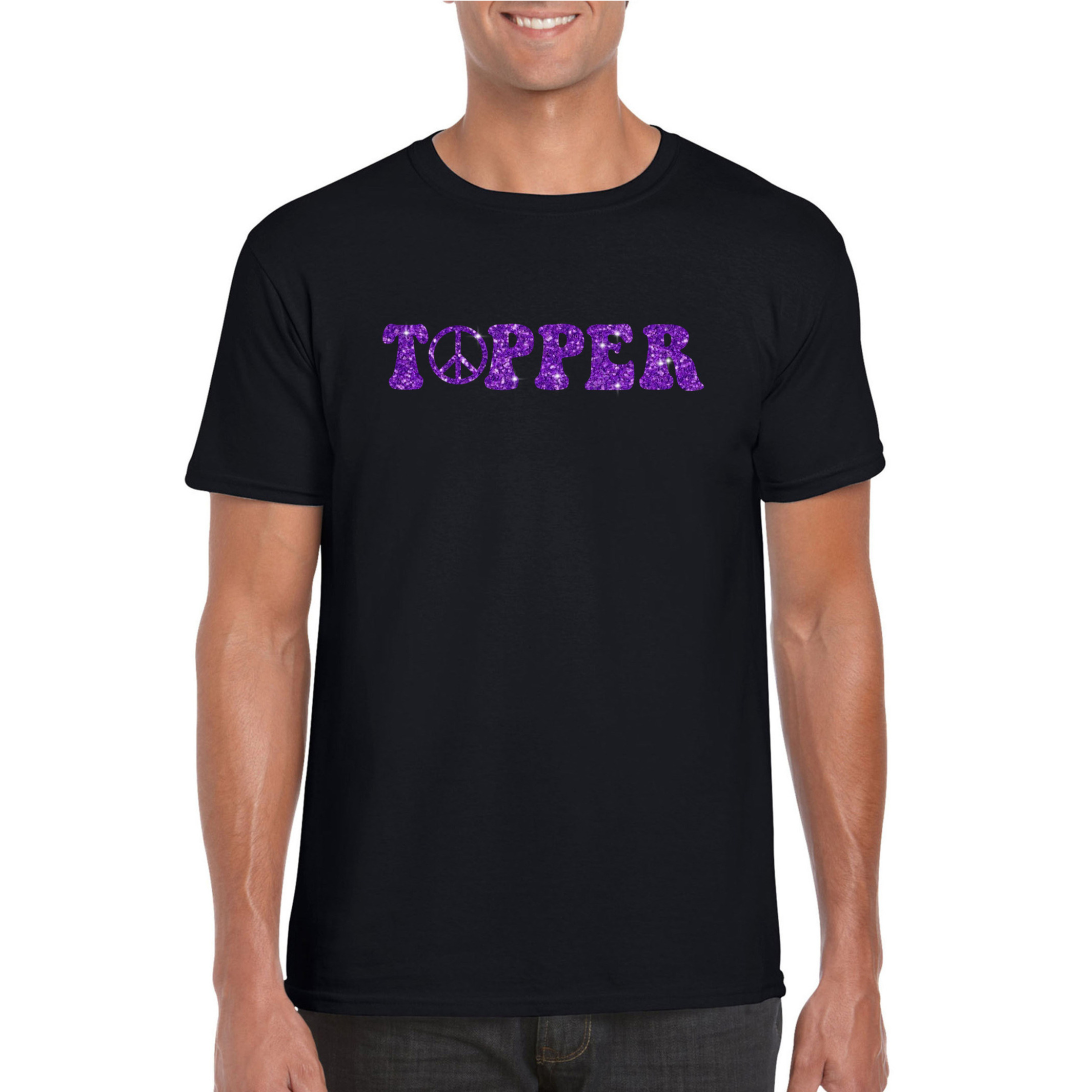 Toppers Zwart Flower Power t-shirt Topper met paarse letters heren