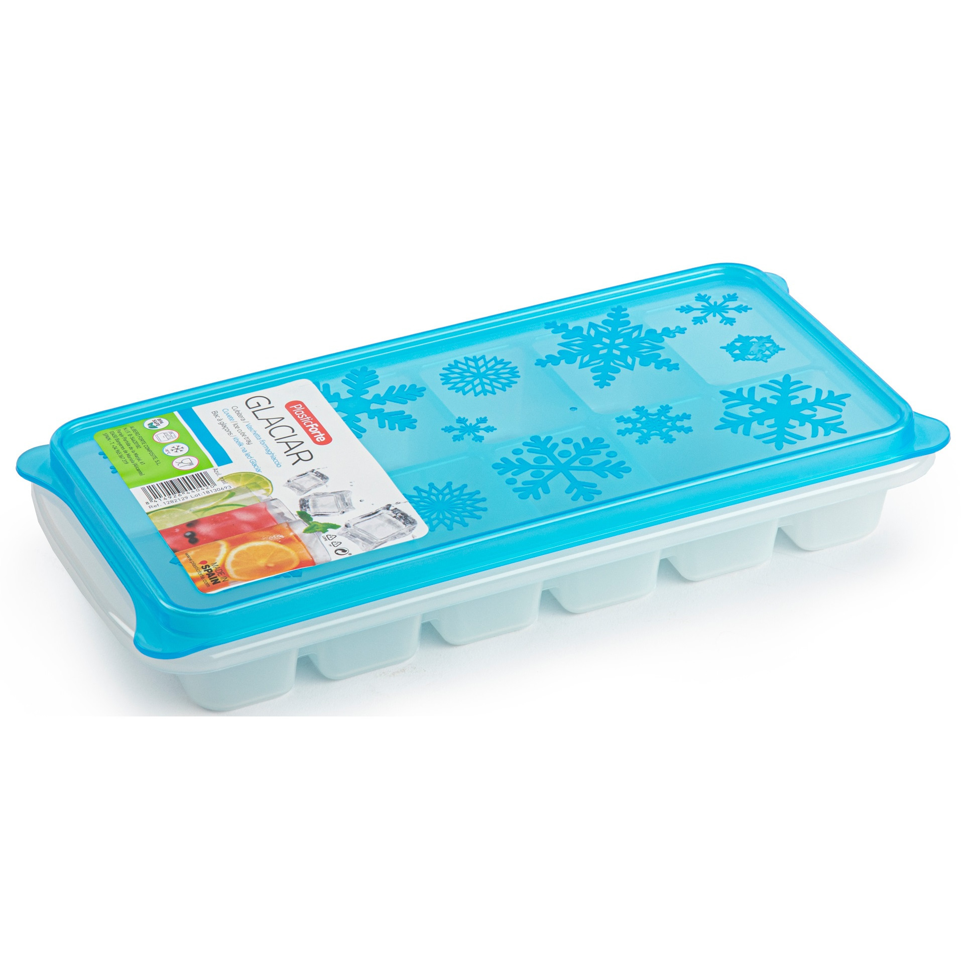 Tray met ijsblokjes-ijsklontjes vormpjes 12 vakjes kunststof wit met blauwe deksel
