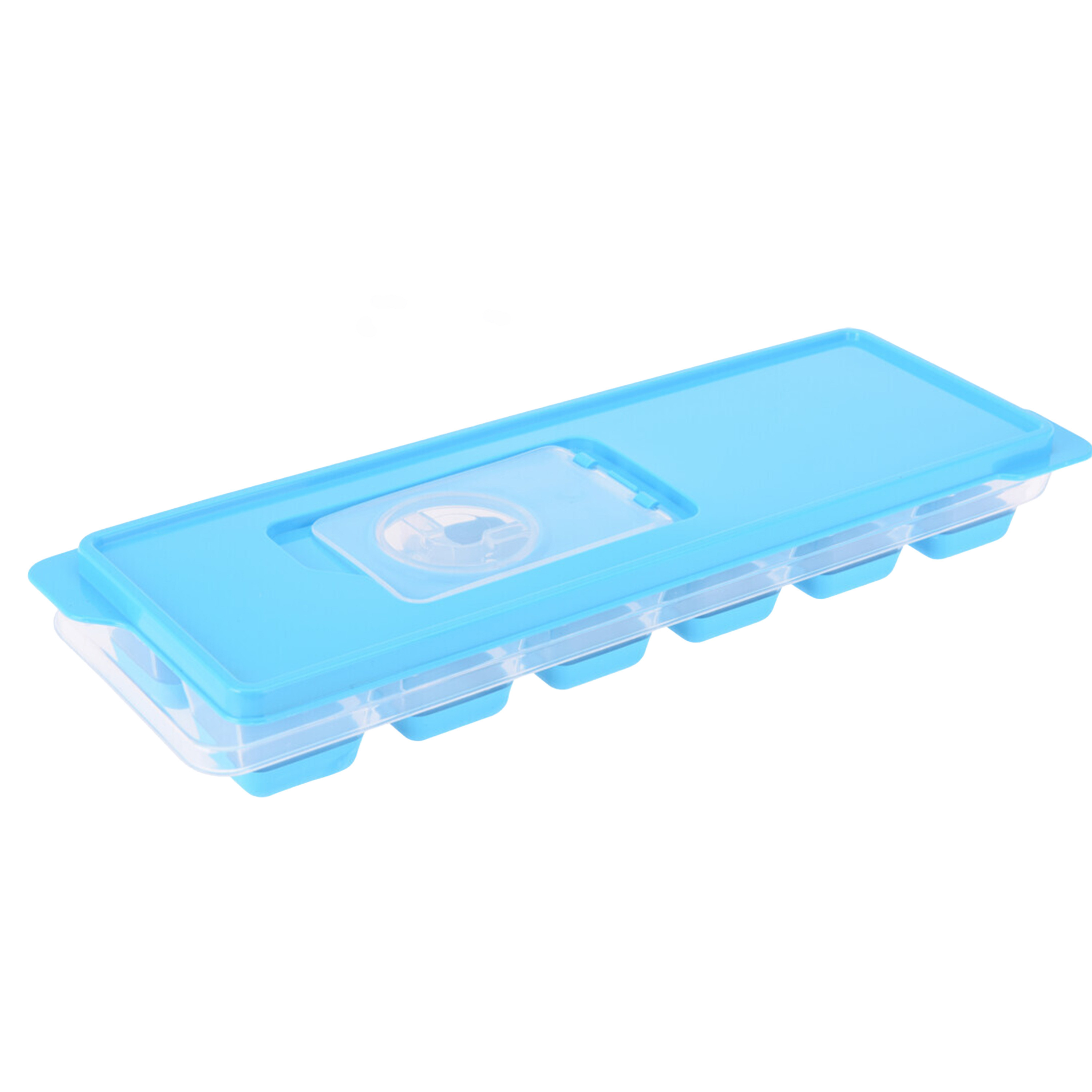 Tray met ijsklontjes-ijsblokjes vormpjes 12 vakjes kunststof blauw met afsluitdeksel