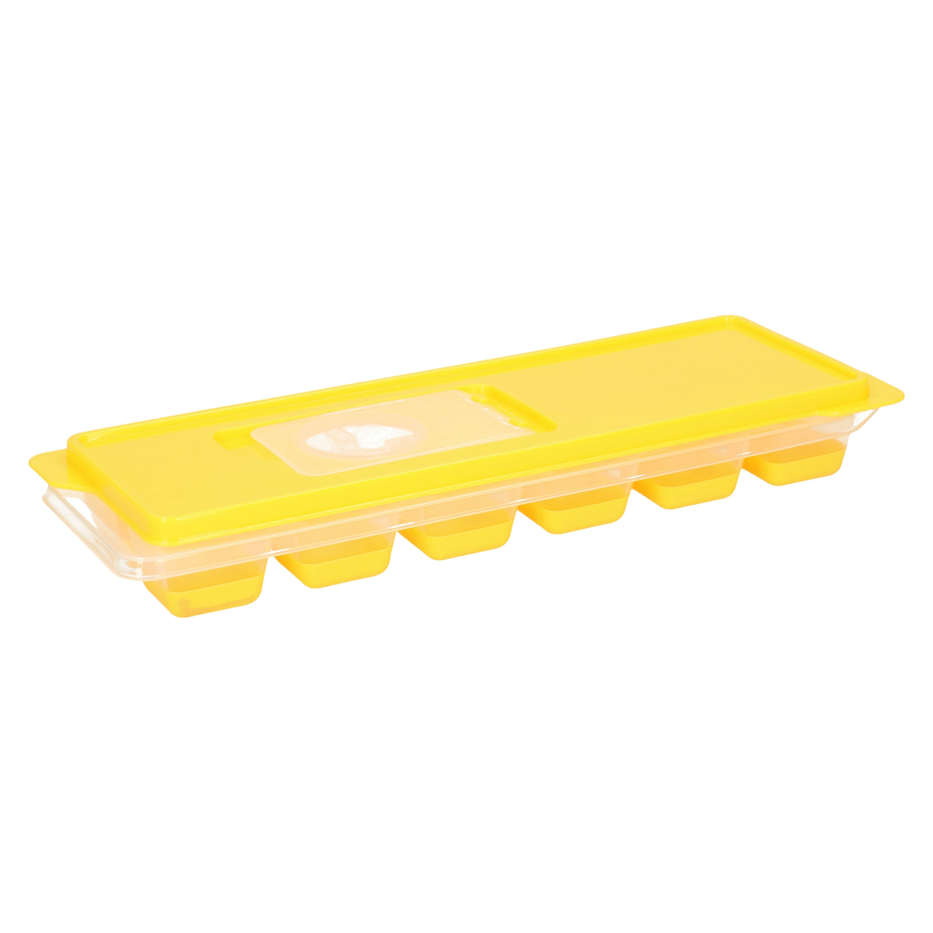Tray met ijsklontjes-ijsblokjes vormpjes 12 vakjes kunststof geel met afsluitdeksel