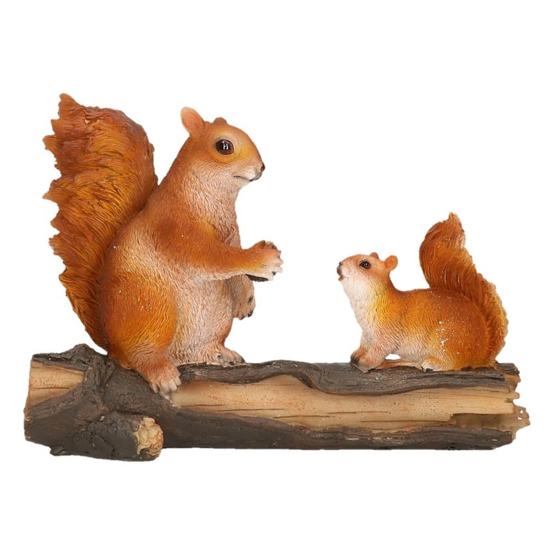 Tuin-huiskamer deco beeldje eekhoorns op boomstam 24 x 10 x 18 cm