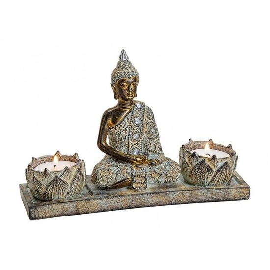 Tuindecoratie boeddha beeld met 2 waxinelichthouder bruin 20 cm