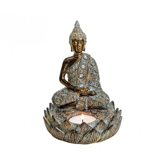 Tuindecoratie boeddha beeld met waxinelichthouder bruin 15 cm