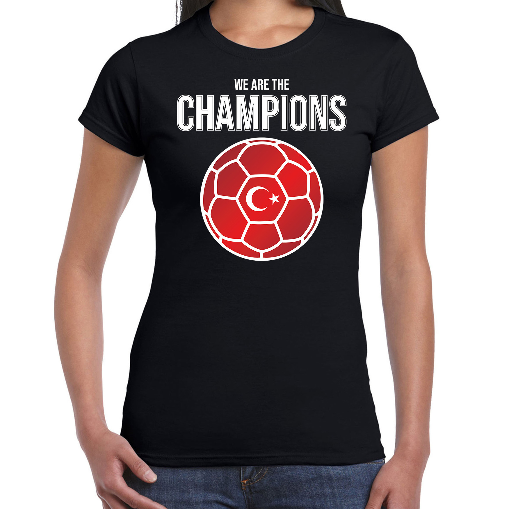 Turkije EK- WK supporter t-shirt we are the champions met Turkse voetbal zwart dames