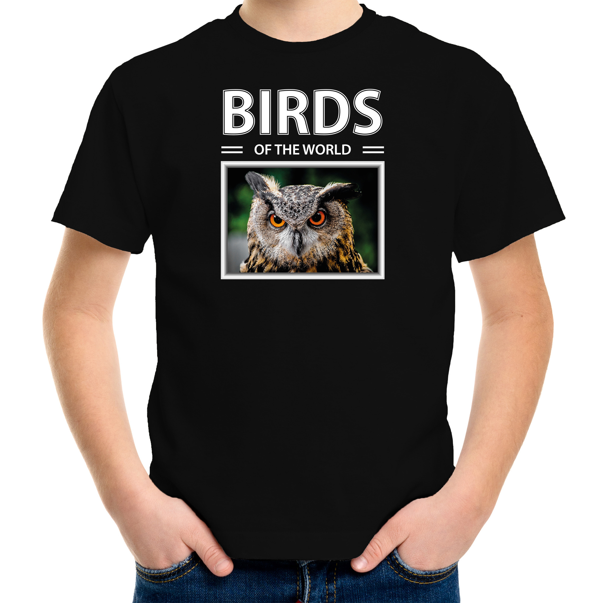 Uilen vogel t-shirt met dieren foto birds of the world zwart voor kinderen