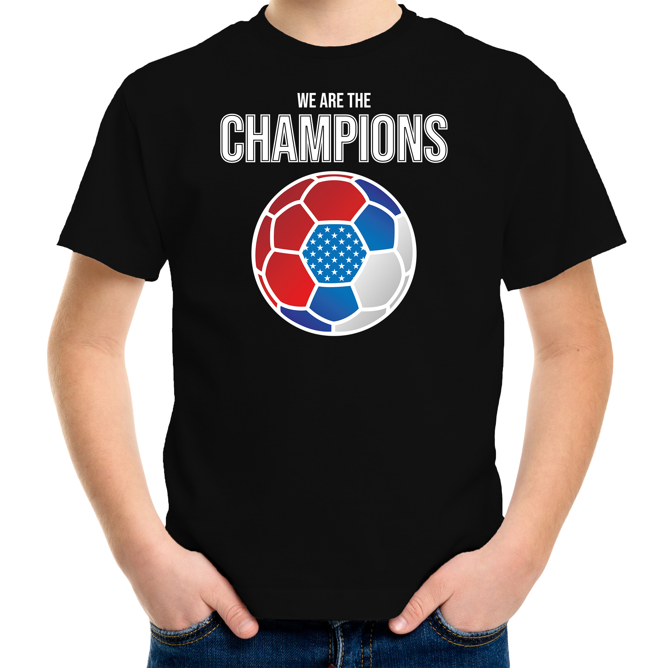 USA WK supporter t-shirt we are the champions met USA voetbal zwart kinderen