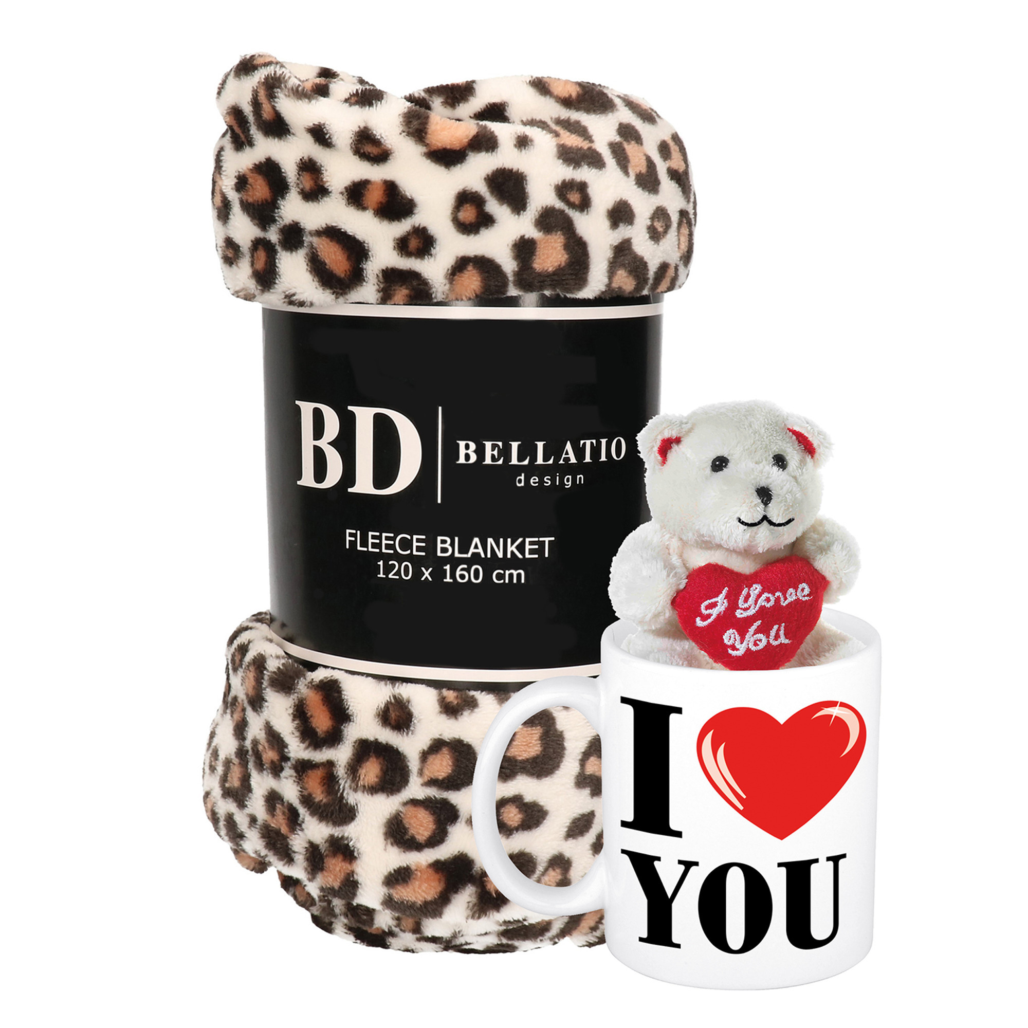Valentijn cadeau set Fleece plaid-deken luipaard print met I love you mok en beertje