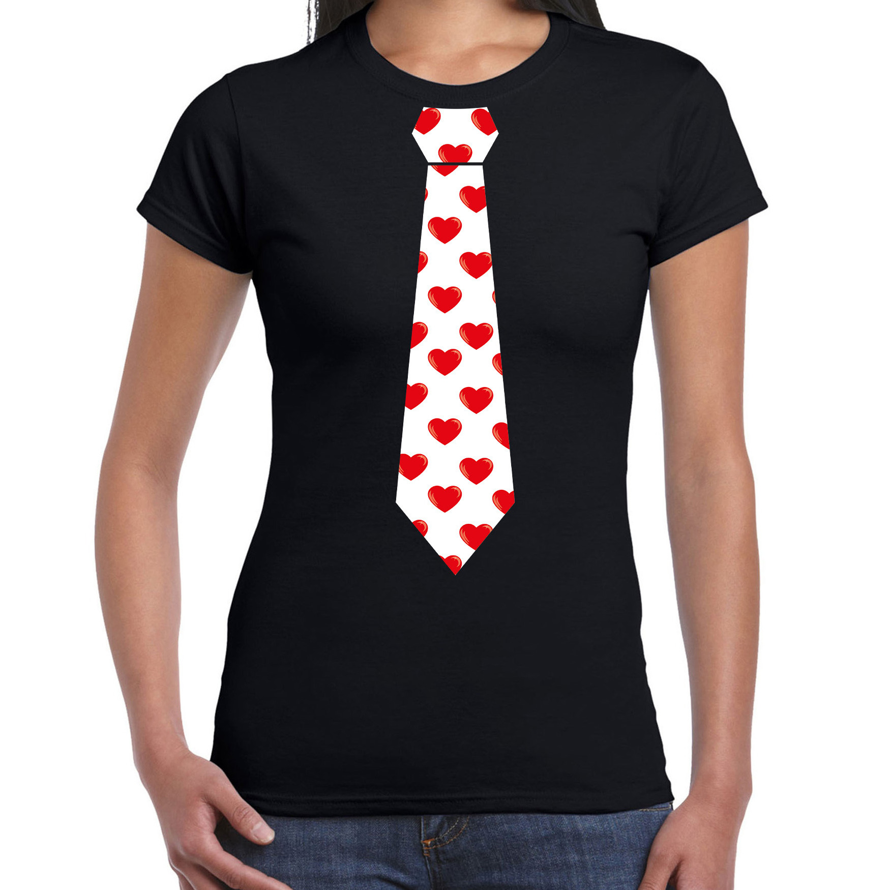 Valentijnsdag stropdas t-shirt hartjes voor dames zwart