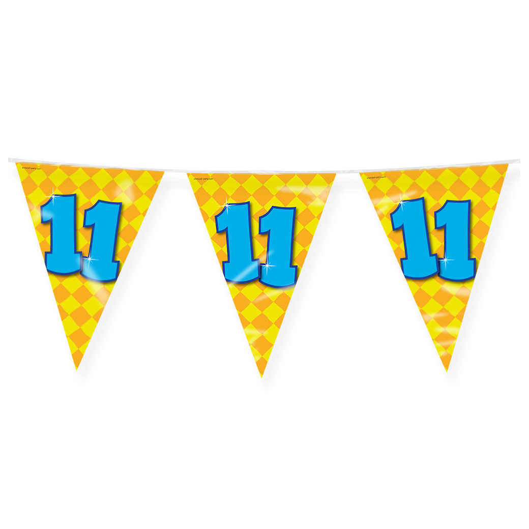 Verjaardag 11 jaar thema Vlaggetjes Feestversiering 10m Folie Dubbelzijdig