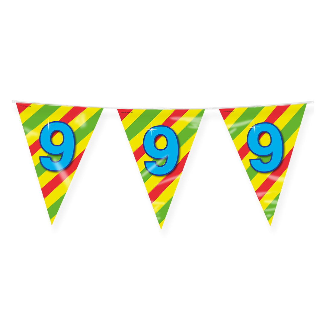 Verjaardag 9 jaar thema Vlaggetjes Feestversiering 10m Folie Dubbelzijdig