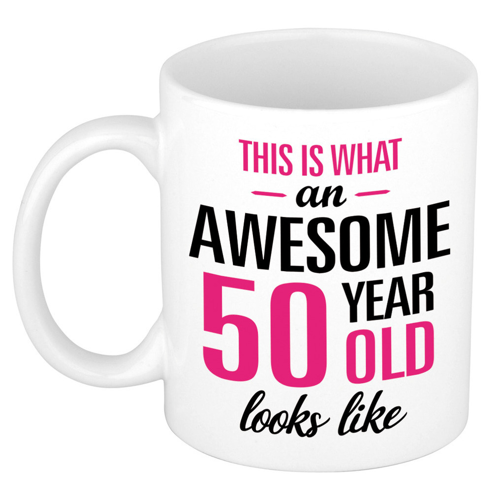 Verjaardag cadeau mok 50 jaar roze grappige tekst 300 ml keramiek Sarah