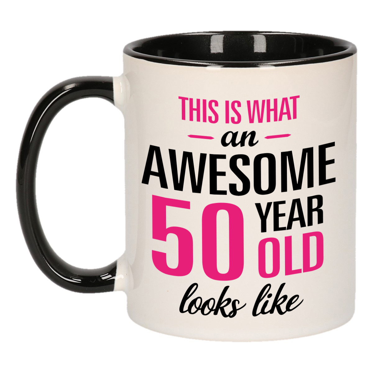 Verjaardag cadeau mok 50 jaar zwart-roze grappige tekst 300 ml keramiek Sarah