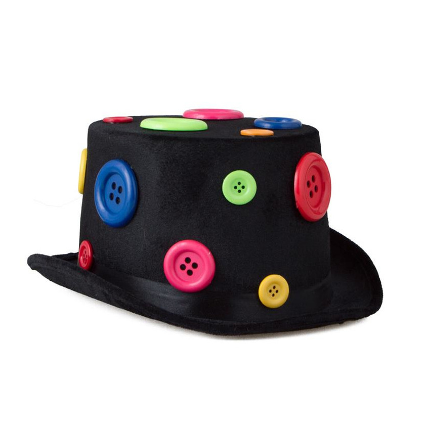 Verkleed hoge hoed-clownshoed voor volwassenen zwart met knopen