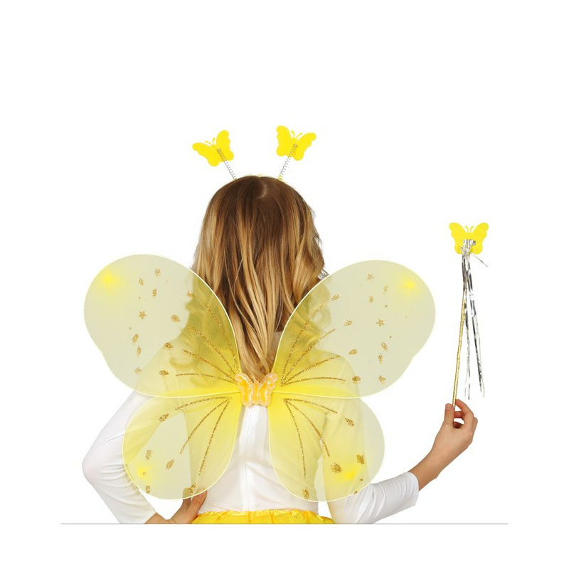 Verkleed set vlinder vleugels-diadeem-toverstokje geel kinderen Carnavalskleding-accessoires