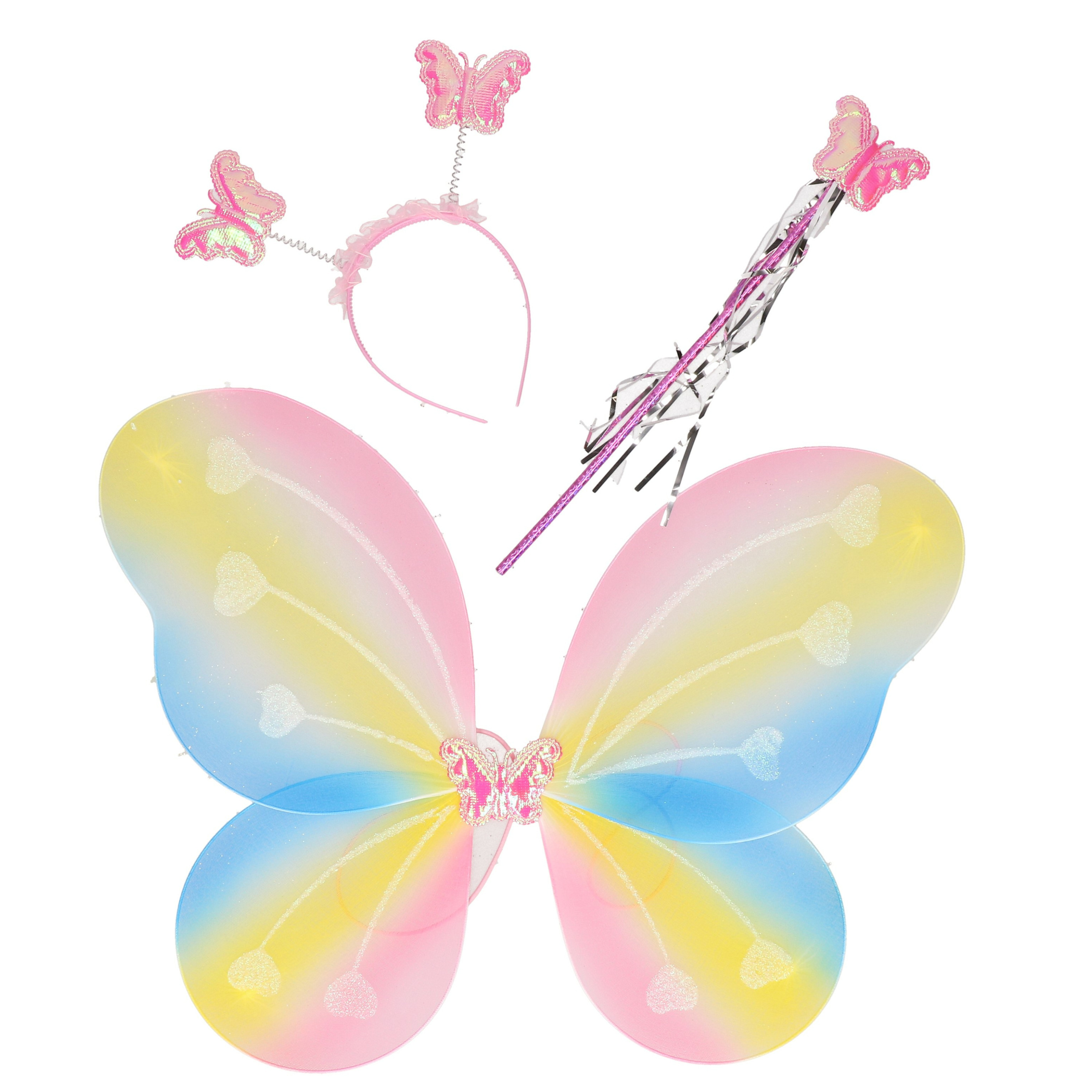 Verkleed set vlinder vleugels-diadeem-toverstokje multi kleuren kinderen Carnavalskleding-ac