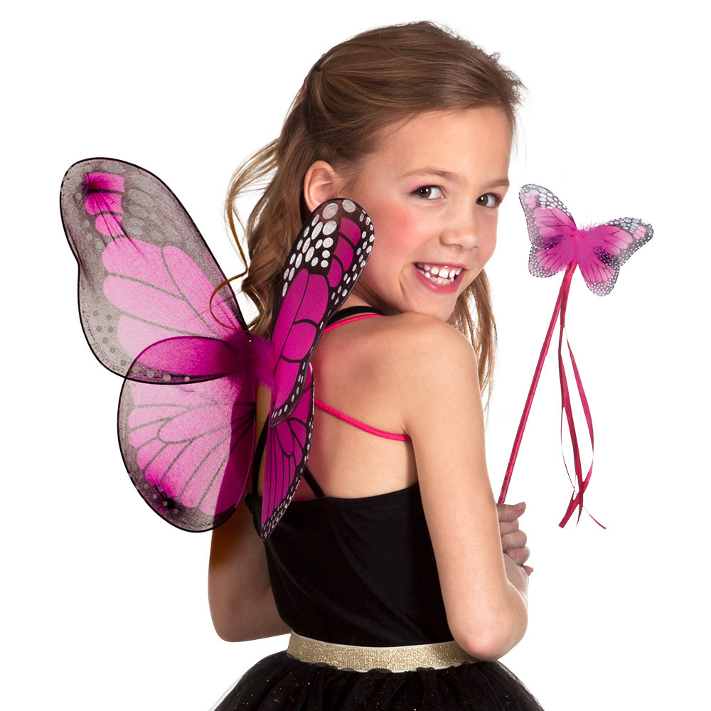 Verkleed set vlinder vleugels en toverstokje fuchsia roze kinderen Carnavalskleding-accessoi