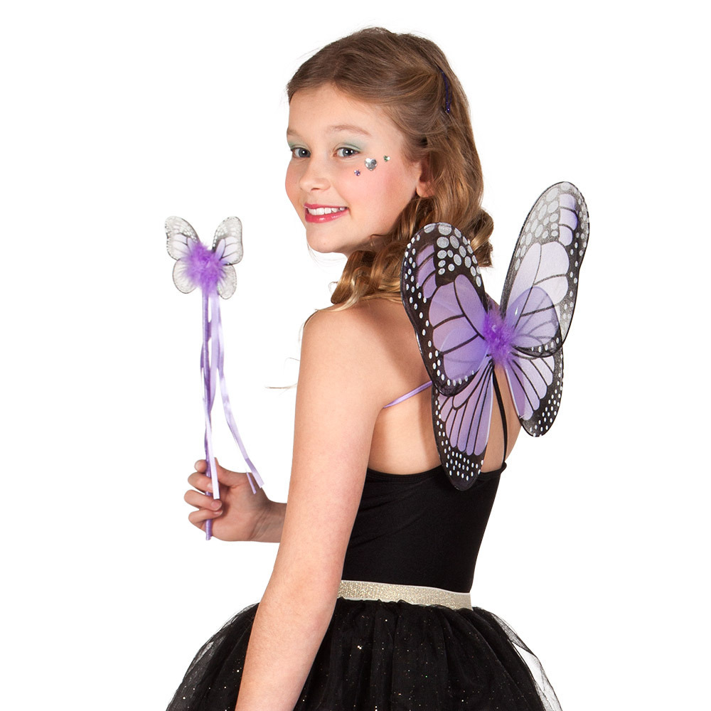 Verkleed set vlinder vleugels en toverstokje paars kinderen Carnavalskleding-accessoires