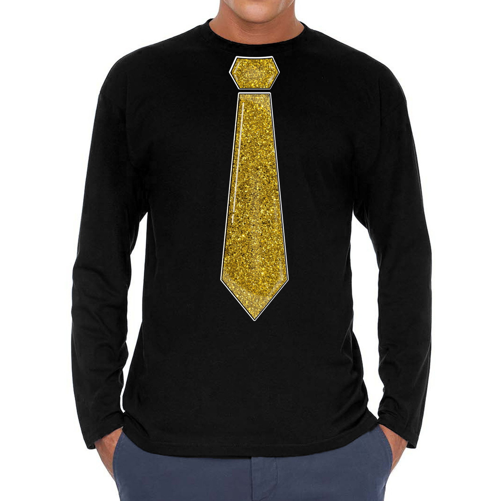 Verkleed shirt voor heren stropdas glitter goud zwart carnaval foute party longsleeve